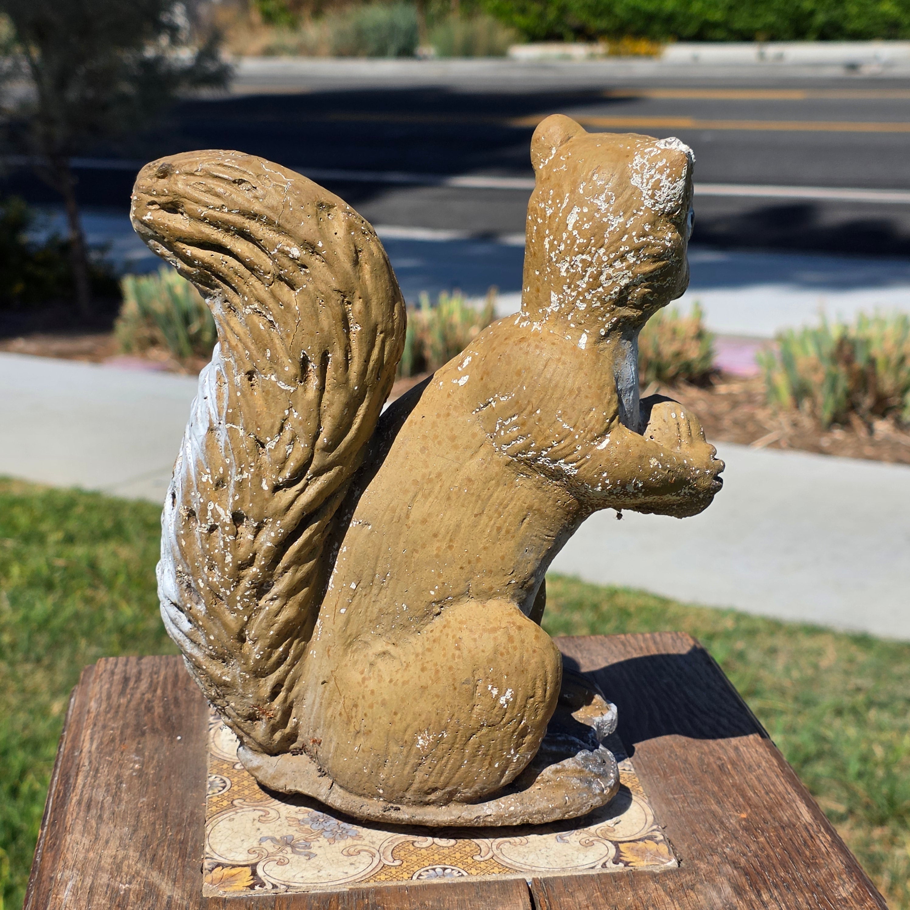 Vintage Concrete Squirrel Statue Cement Garden Ornament Walnut Nut Woodland Yard