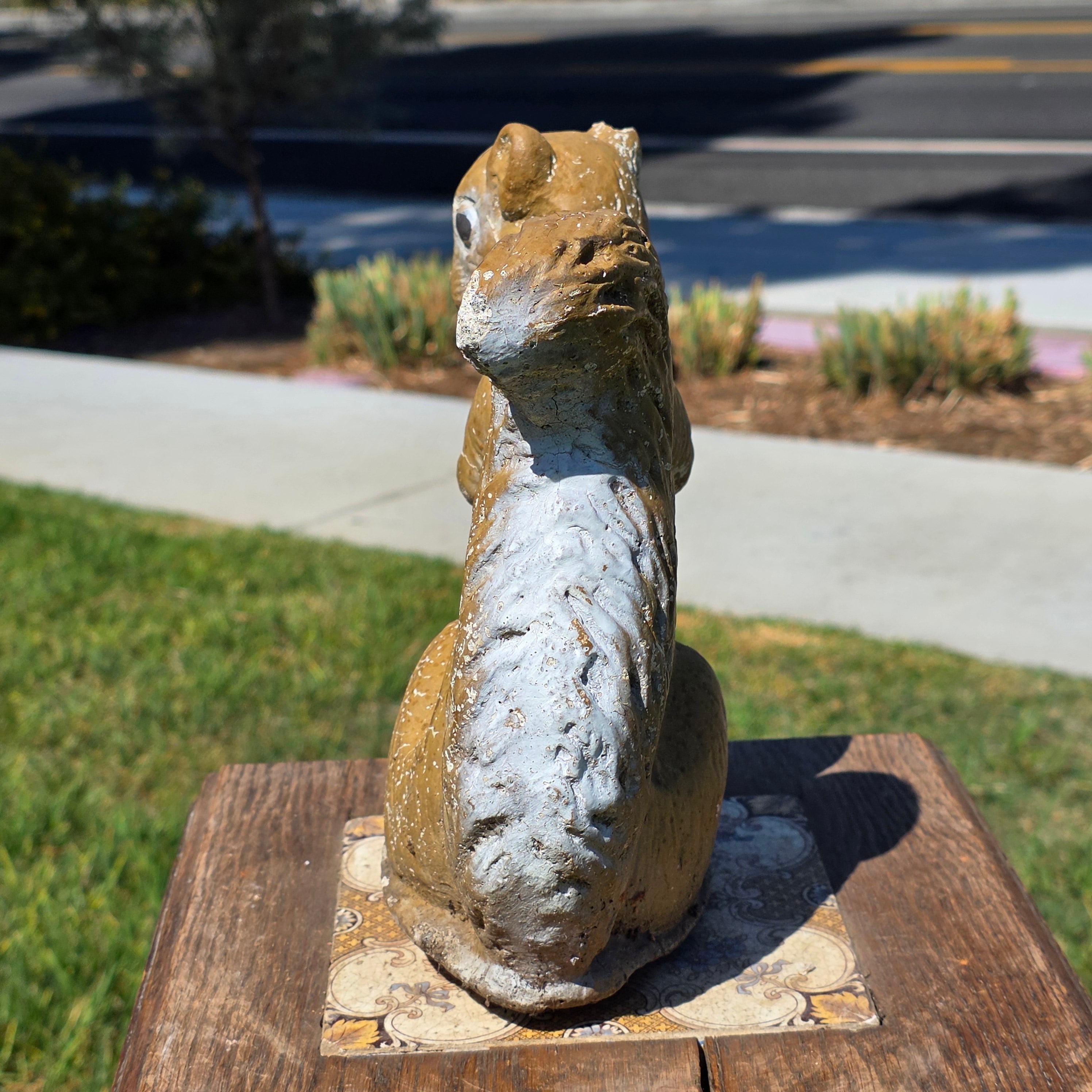 Vintage Concrete Squirrel Statue Cement Garden Ornament Walnut Nut Woodland Yard