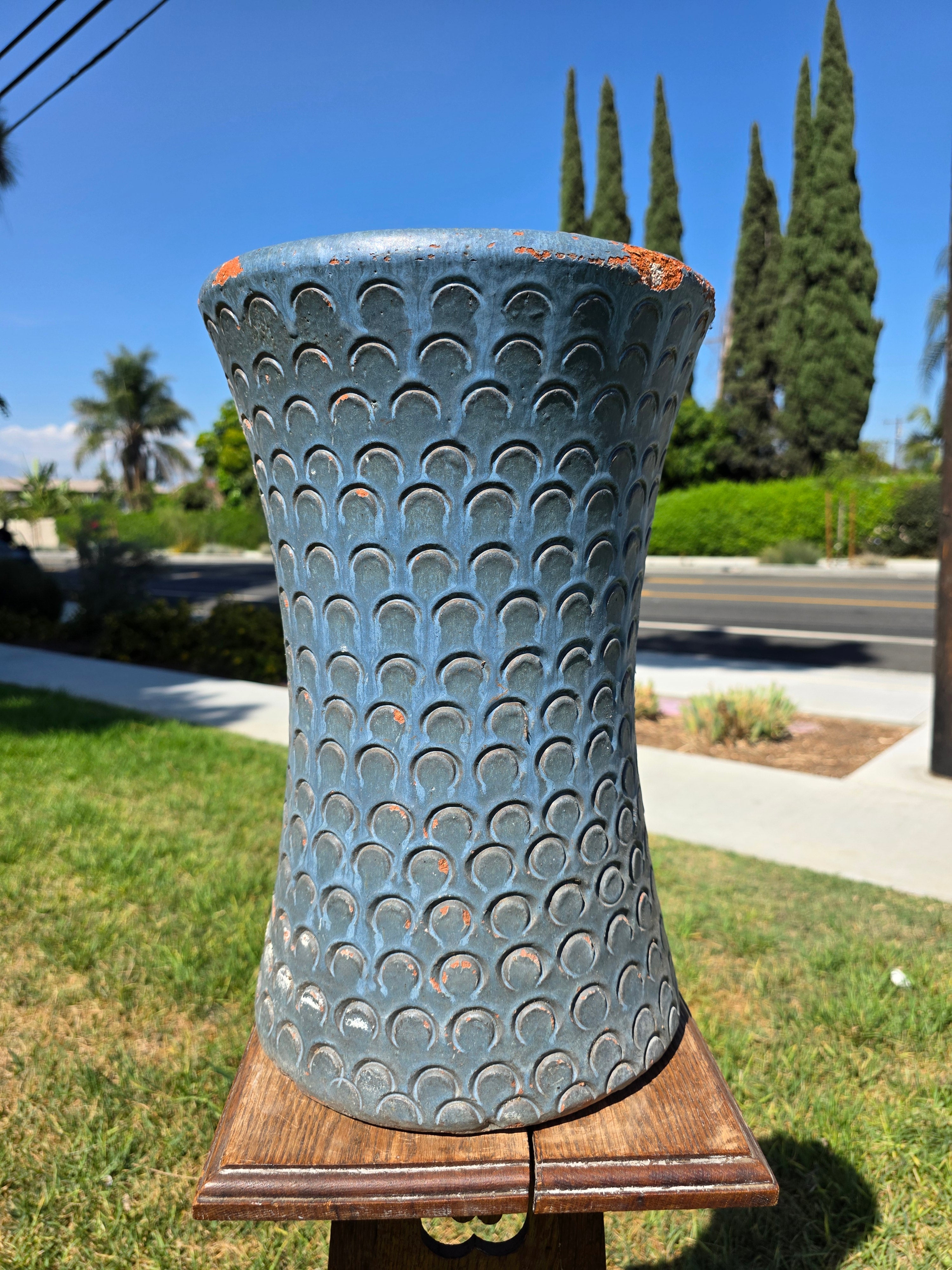 Vintage Mid Century Terracotta Planter Urn Blue Scaled Garden Pot 17"