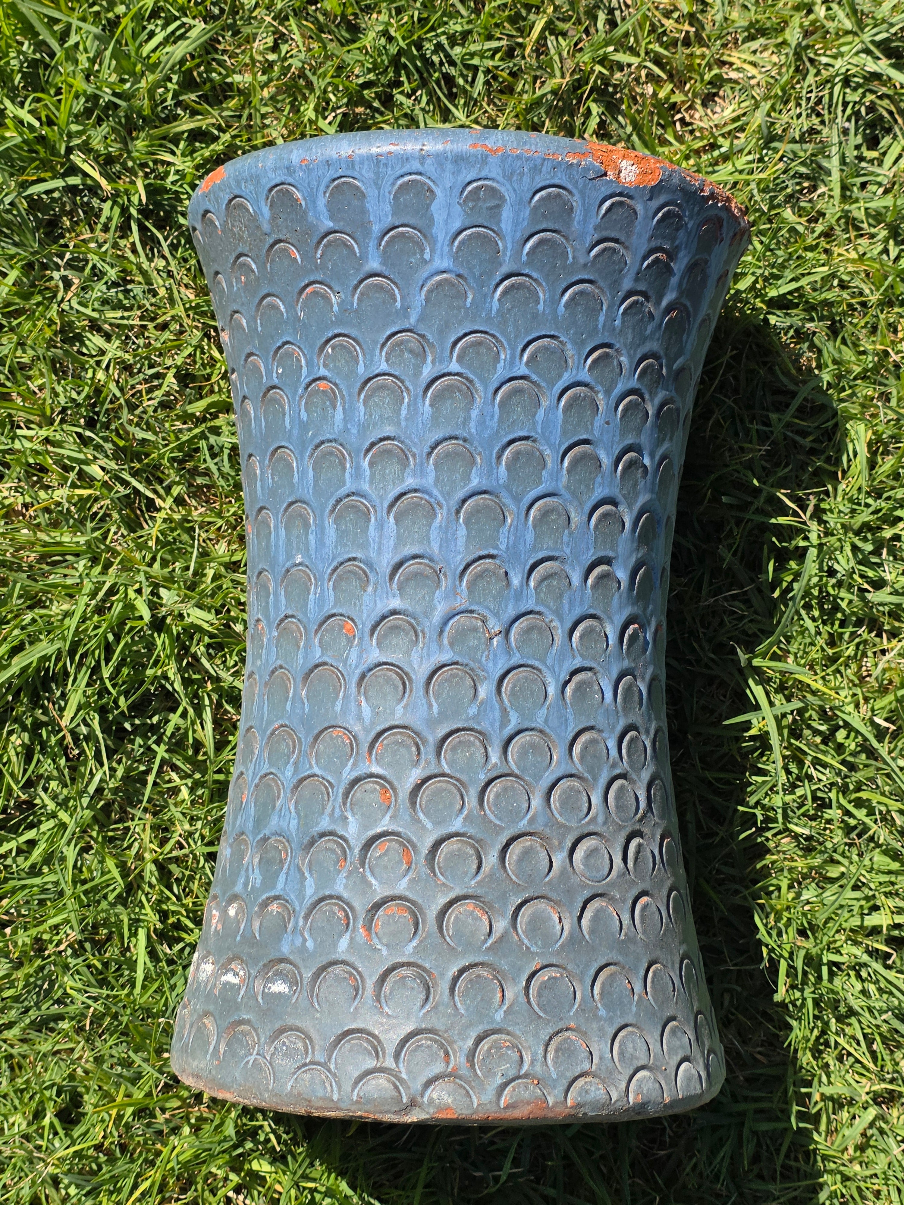 Vintage Mid Century Terracotta Planter Urn Blue Scaled Garden Pot 17"