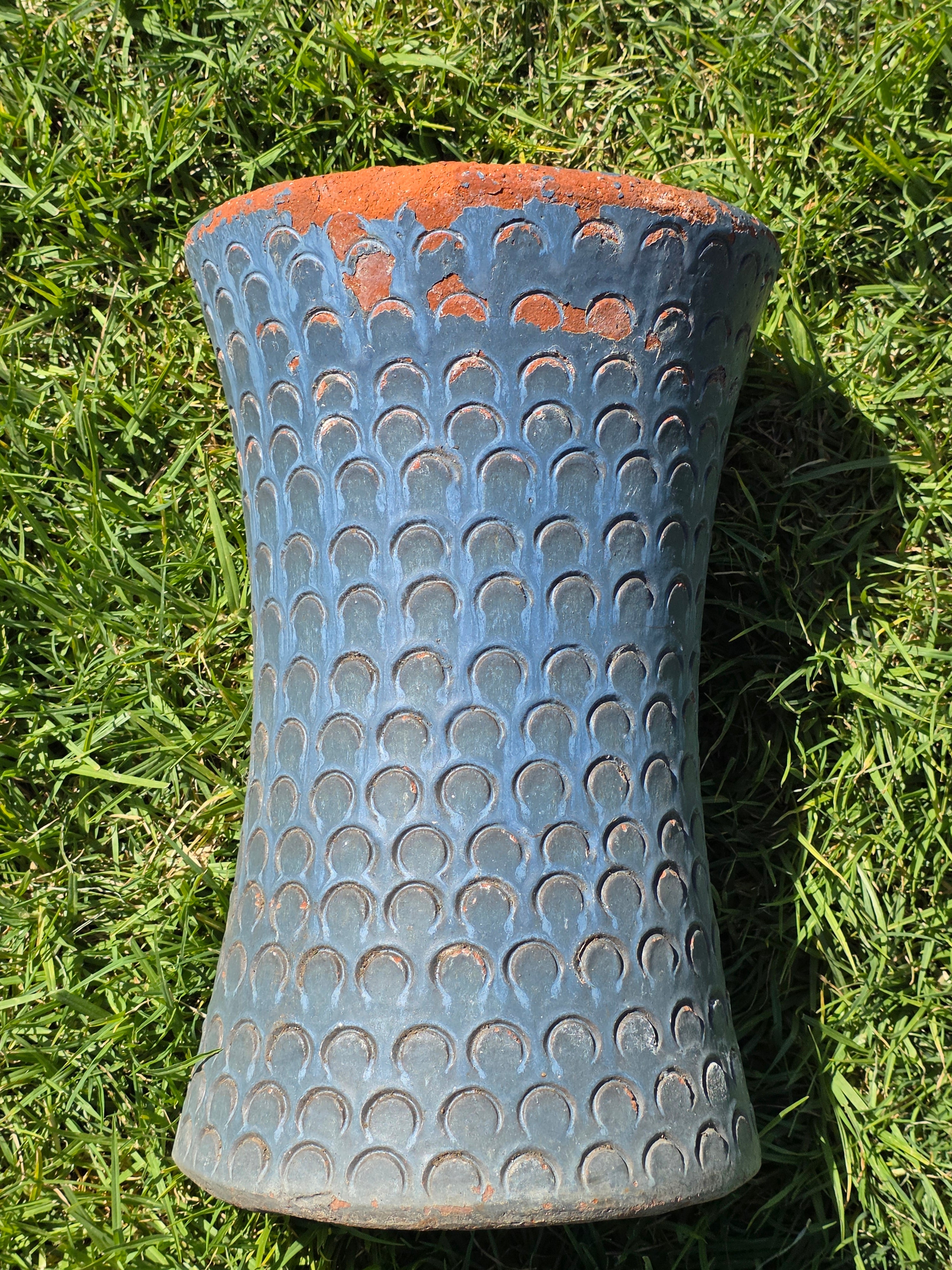 Vintage Mid Century Terracotta Planter Urn Blue Scaled Garden Pot 17"