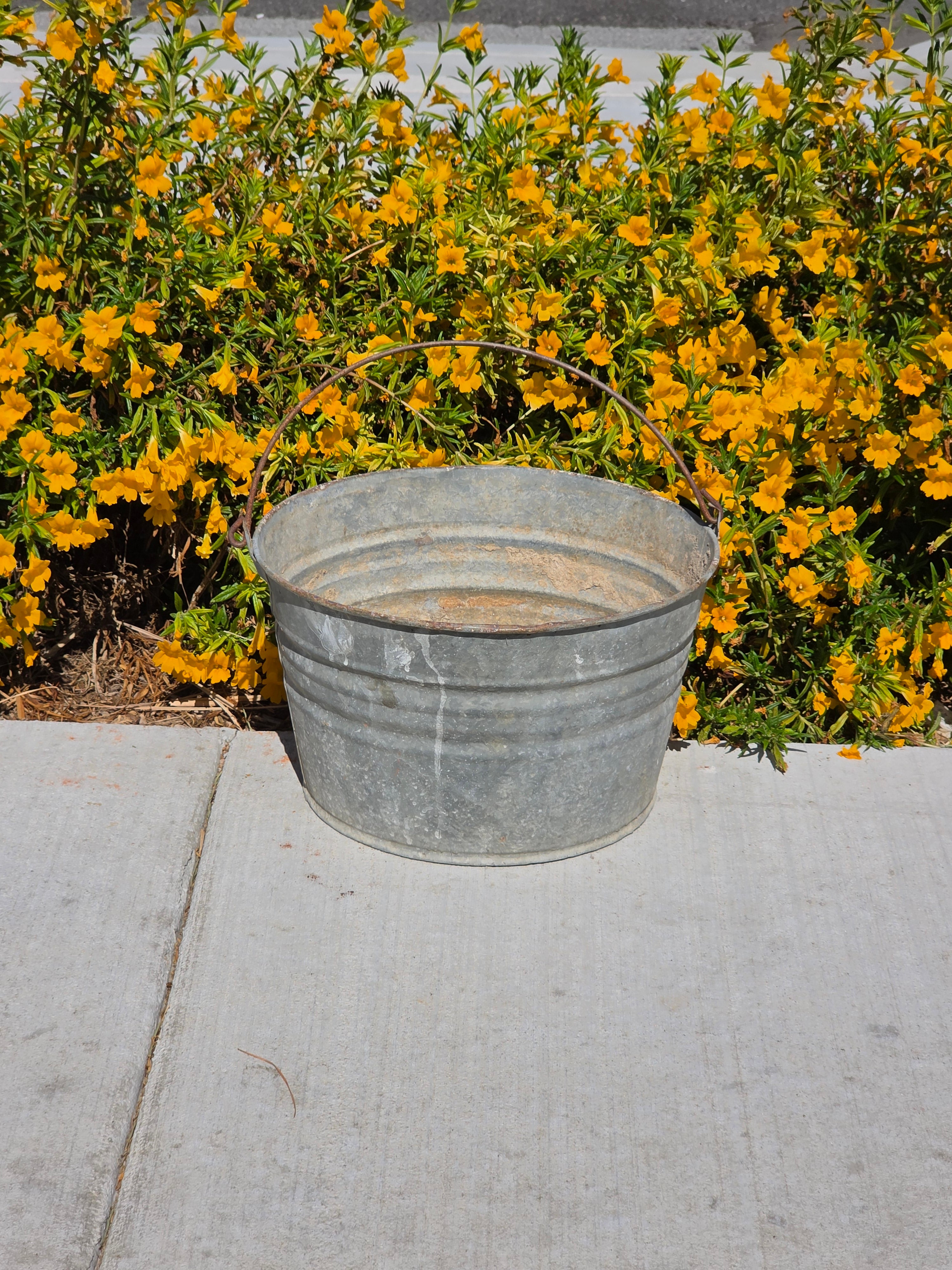 Vintage Galvanized Metal Wash Tub Bucket Planter Rustic Farmhouse Garden 14"