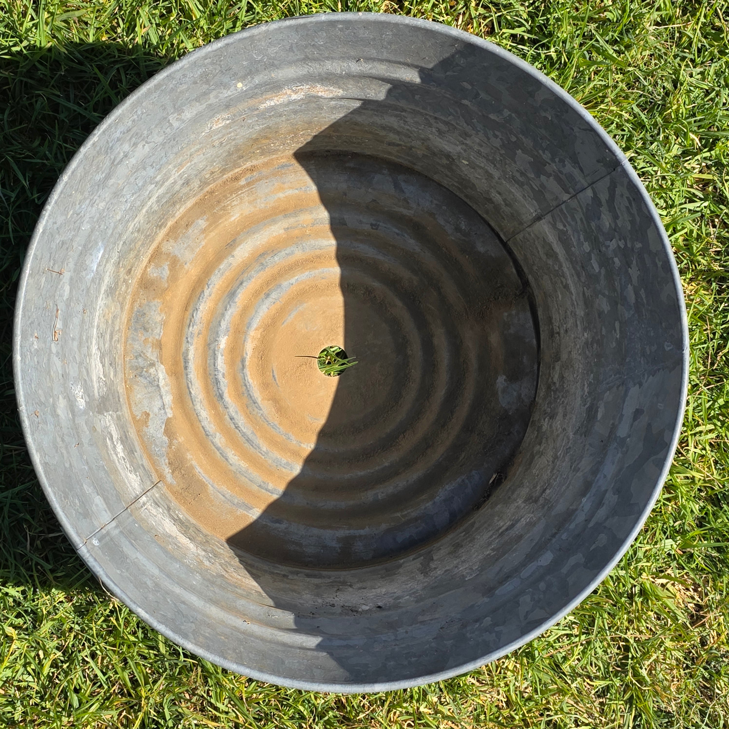 Vintage Galvanized Metal Round Tub Planter 19"W x 10"H Drain Hole Washtub Garden