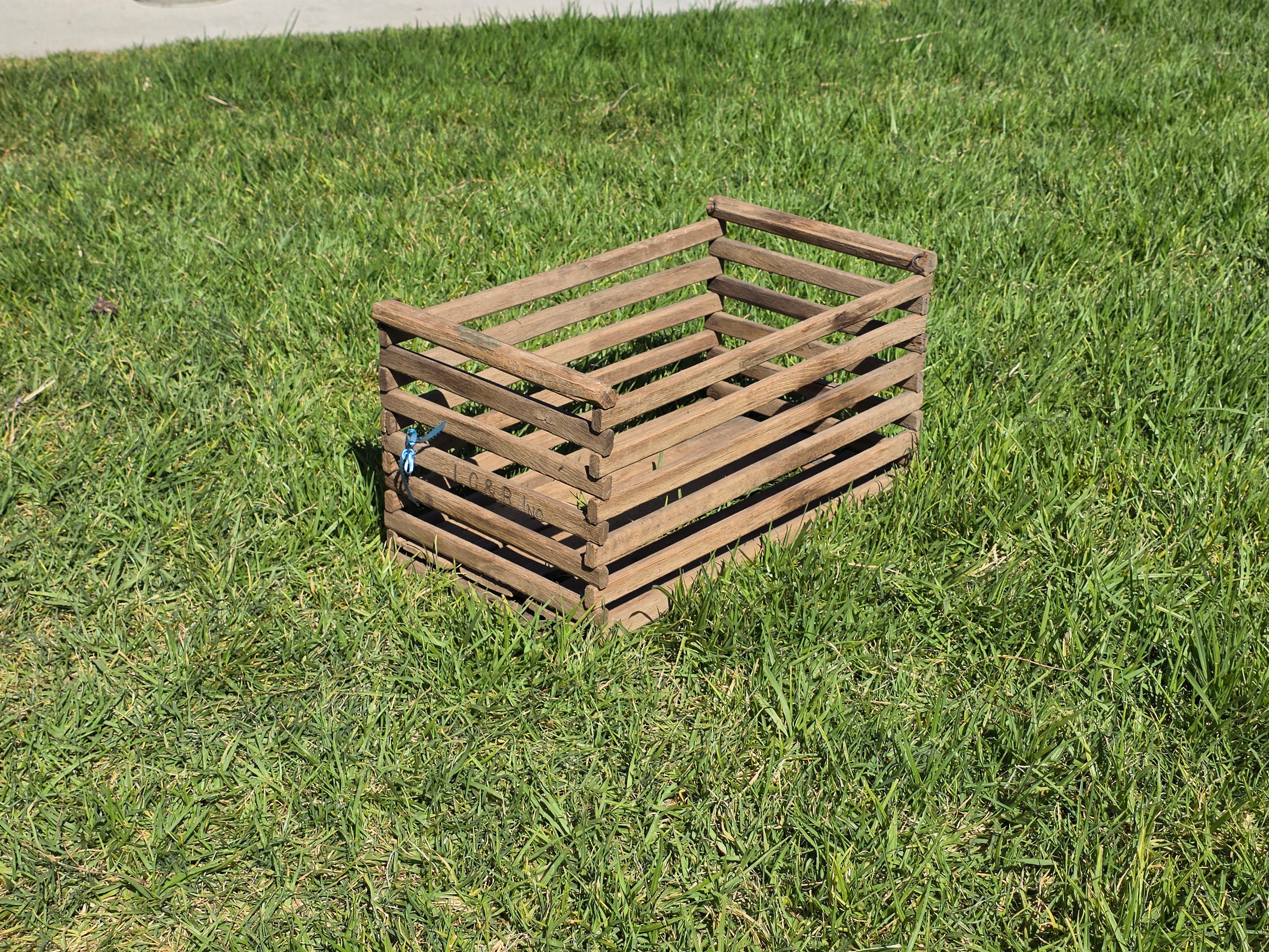 Antique Wood Egg Crate L.C. & R Inc Vintage Slatted Wire Basket Primitive Box