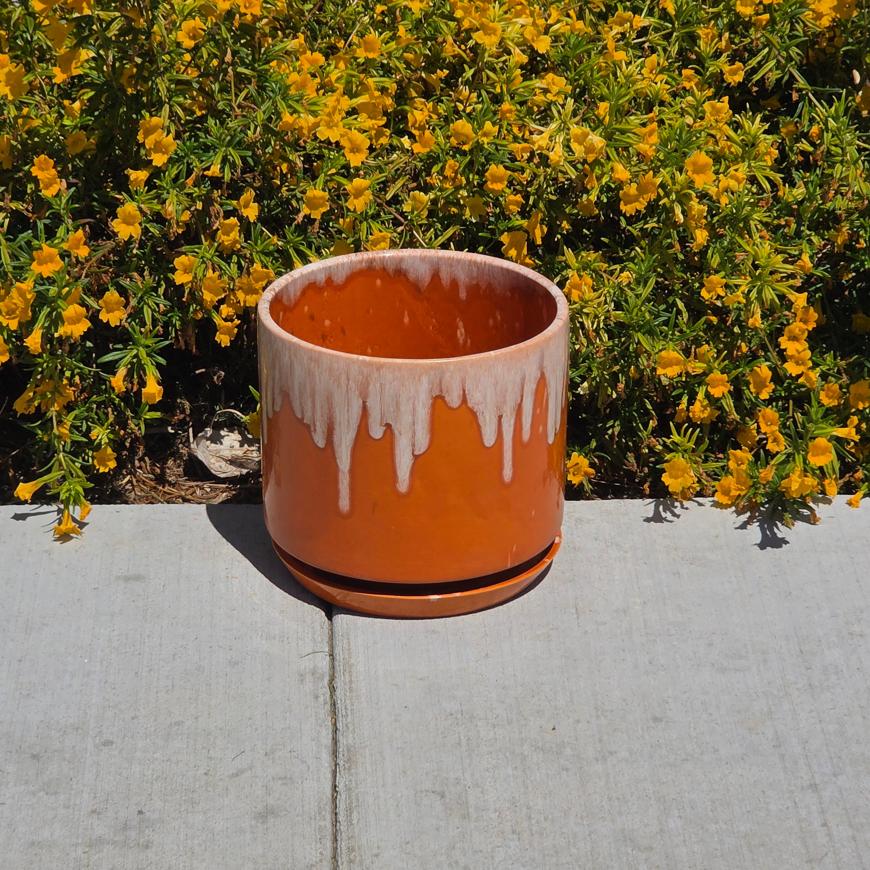 Vtg 1977 California Pottery Planter Pot Saucer Set CJ10 Drip Glaze Gainey Style