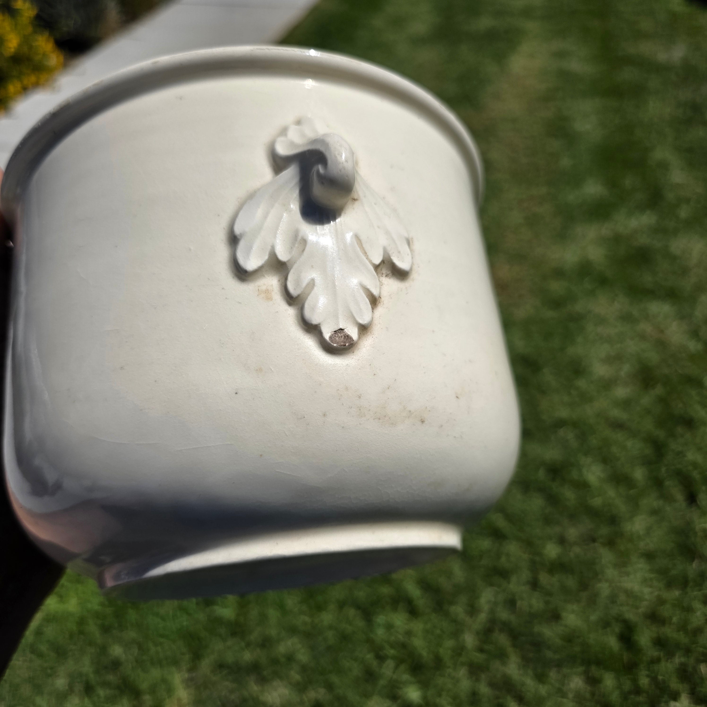 Vintage Czecho-Slovakia White Pottery Planter Cachepot Jardiniere Leaf Handles