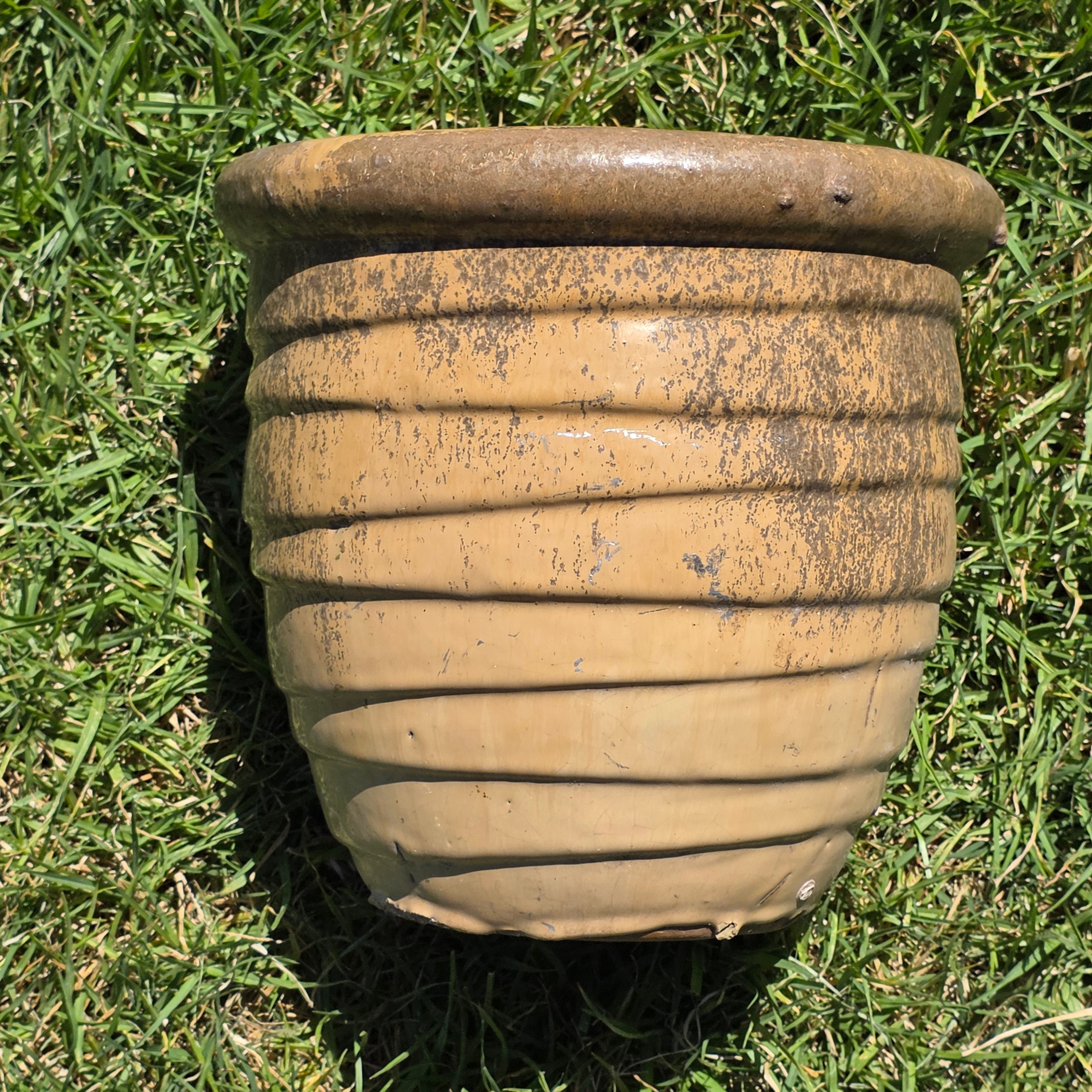 Honey Beige Ribbed Beehive Planter Pot Heavy Glazed Ceramic Farmhouse Garden Decor
