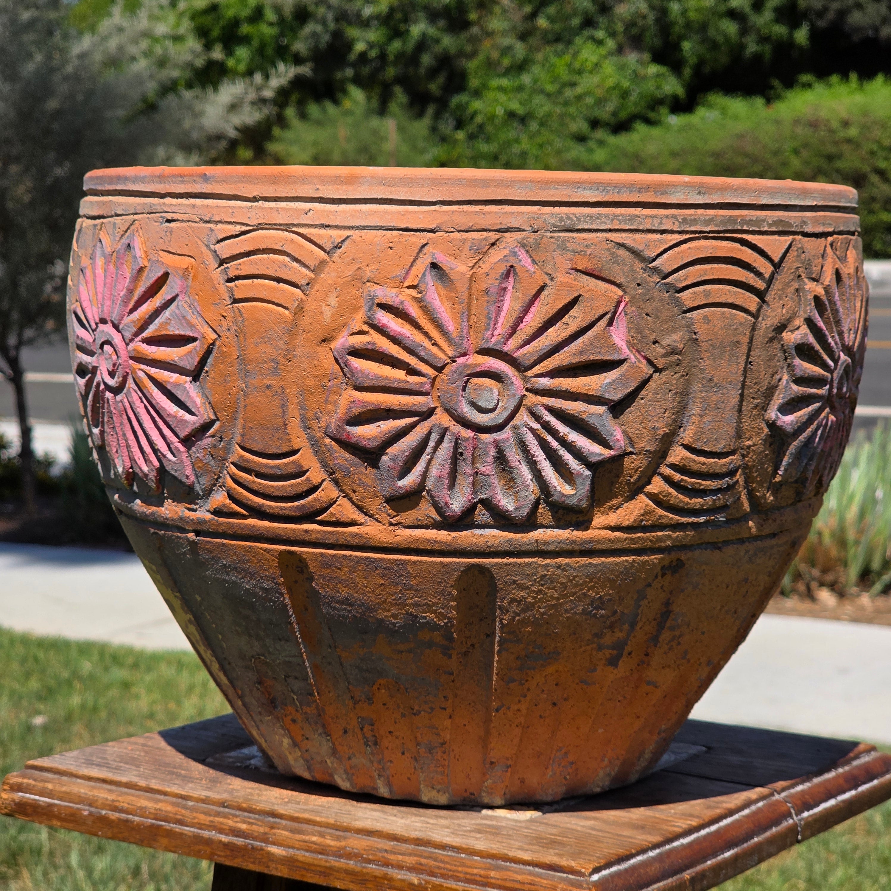 Vintage Terracotta Planter Clay Pot Carved Floral Rustic Garden Urn 12.5" x 9.5"