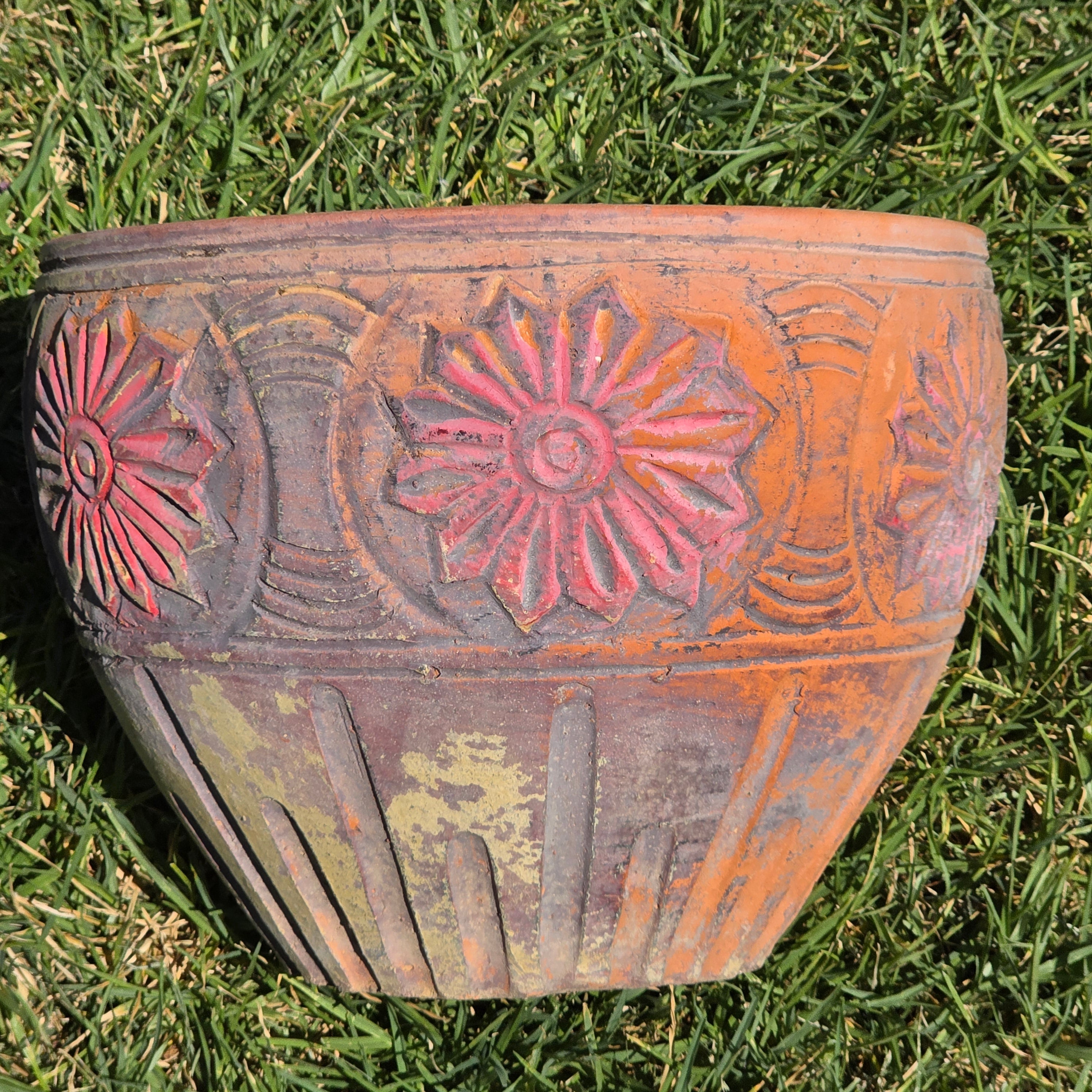 Vintage Terracotta Planter Clay Pot Carved Floral Rustic Garden Urn 12.5" x 9.5"