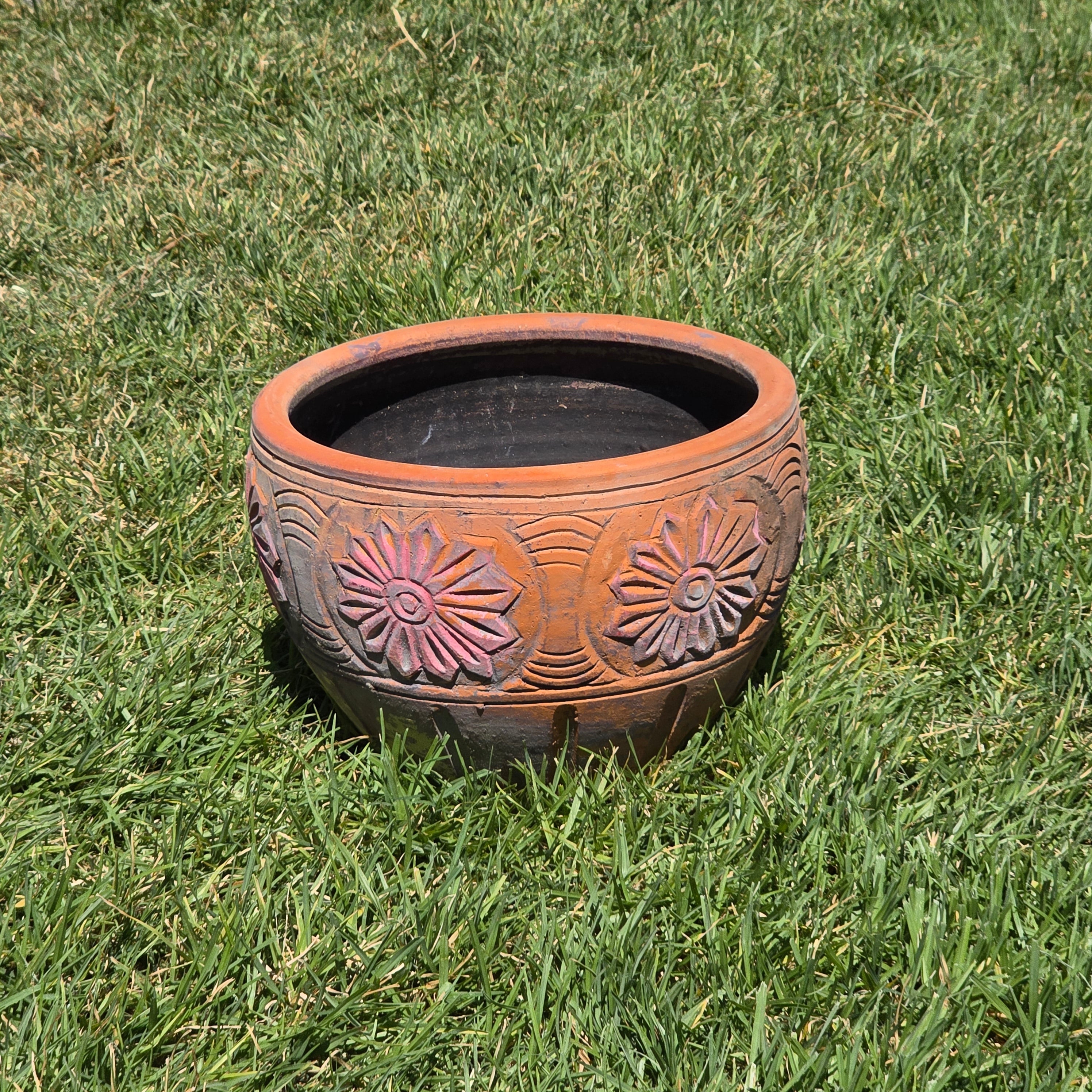 Vintage Terracotta Planter Clay Pot Carved Floral Rustic Garden Urn 12.5" x 9.5"