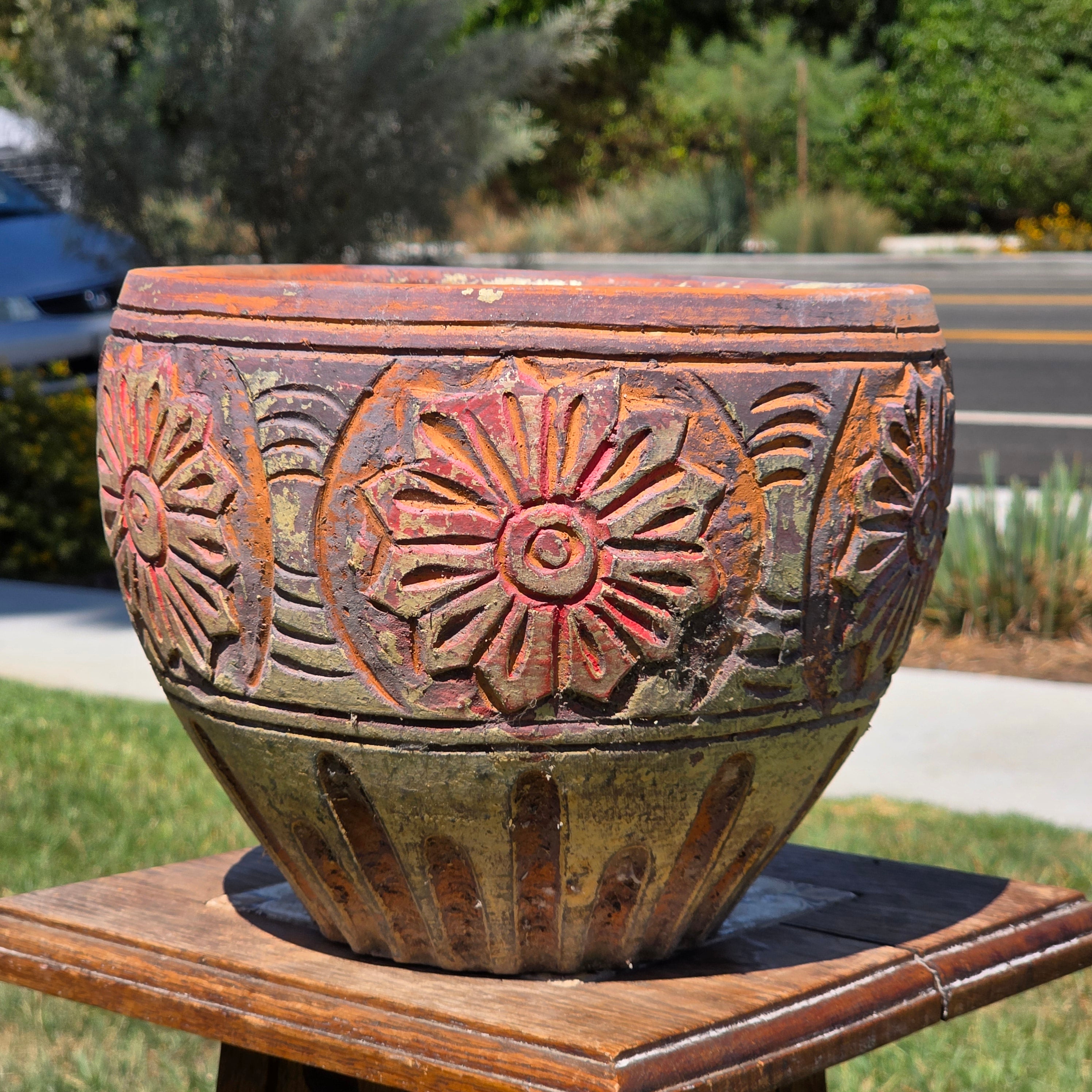Vintage Terracotta Planter Clay Pot Carved Floral Rustic Garden Urn 10" x 8"