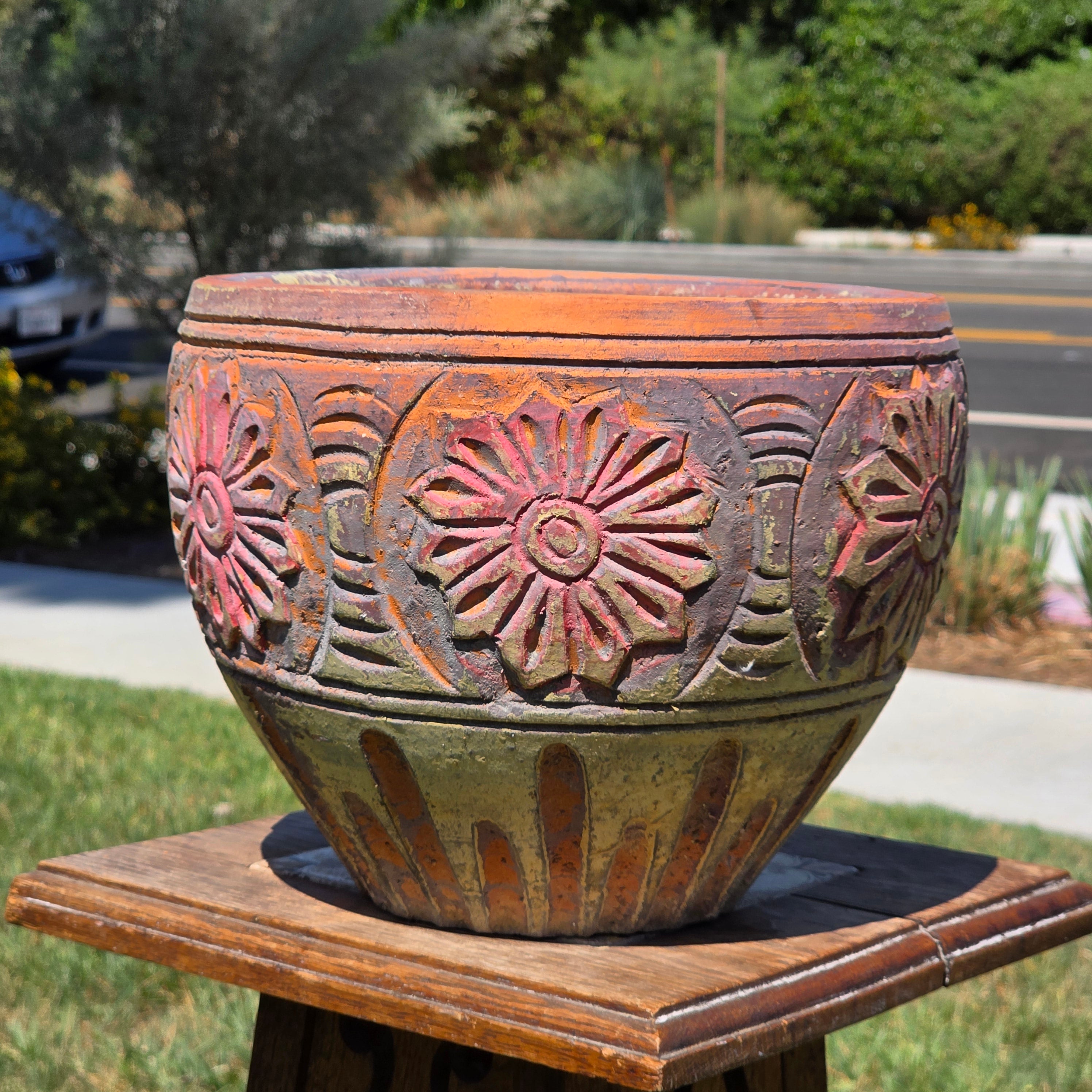 Vintage Terracotta Planter Clay Pot Carved Floral Rustic Garden Urn 10" x 8"