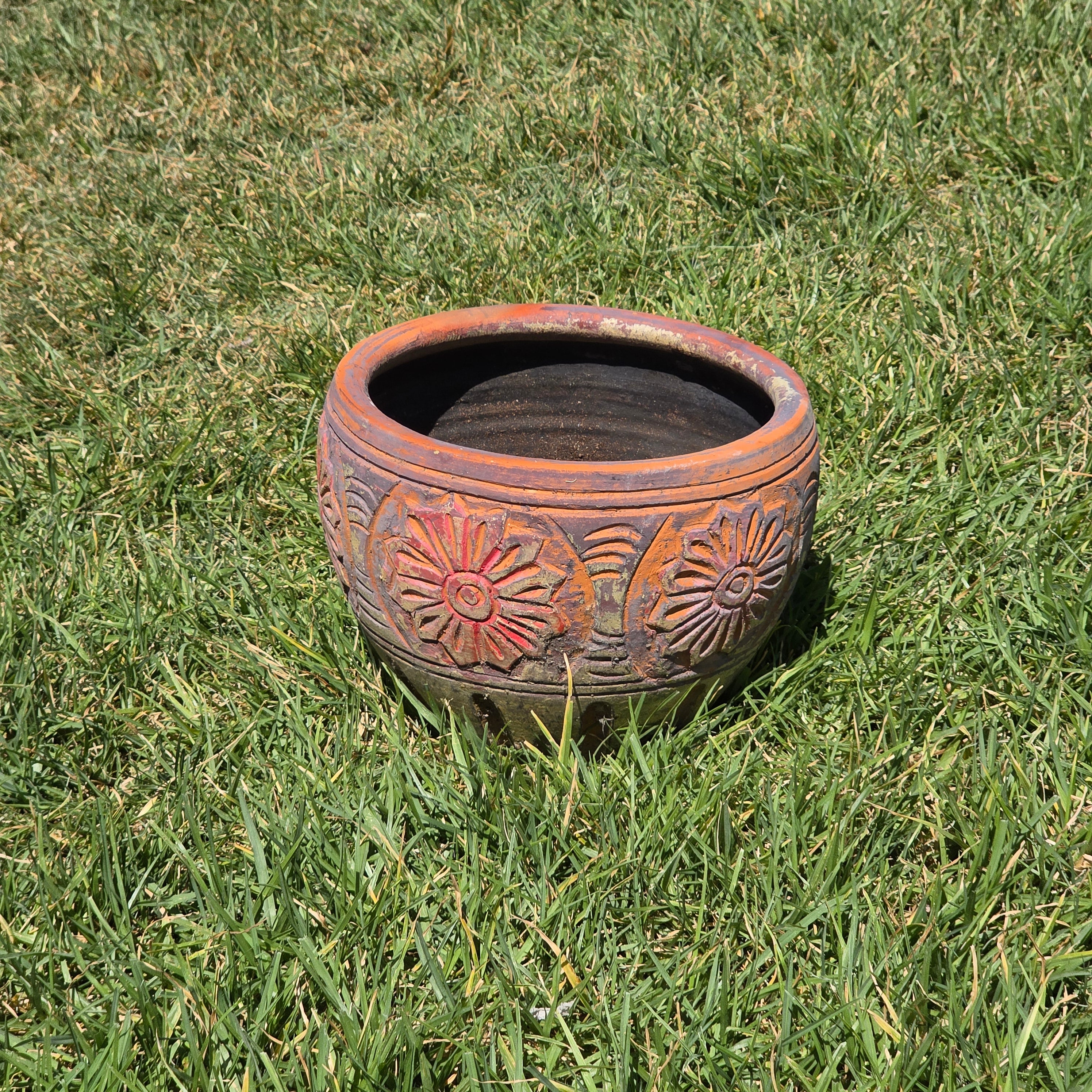 Vintage Terracotta Planter Clay Pot Carved Floral Rustic Garden Urn 10" x 8"