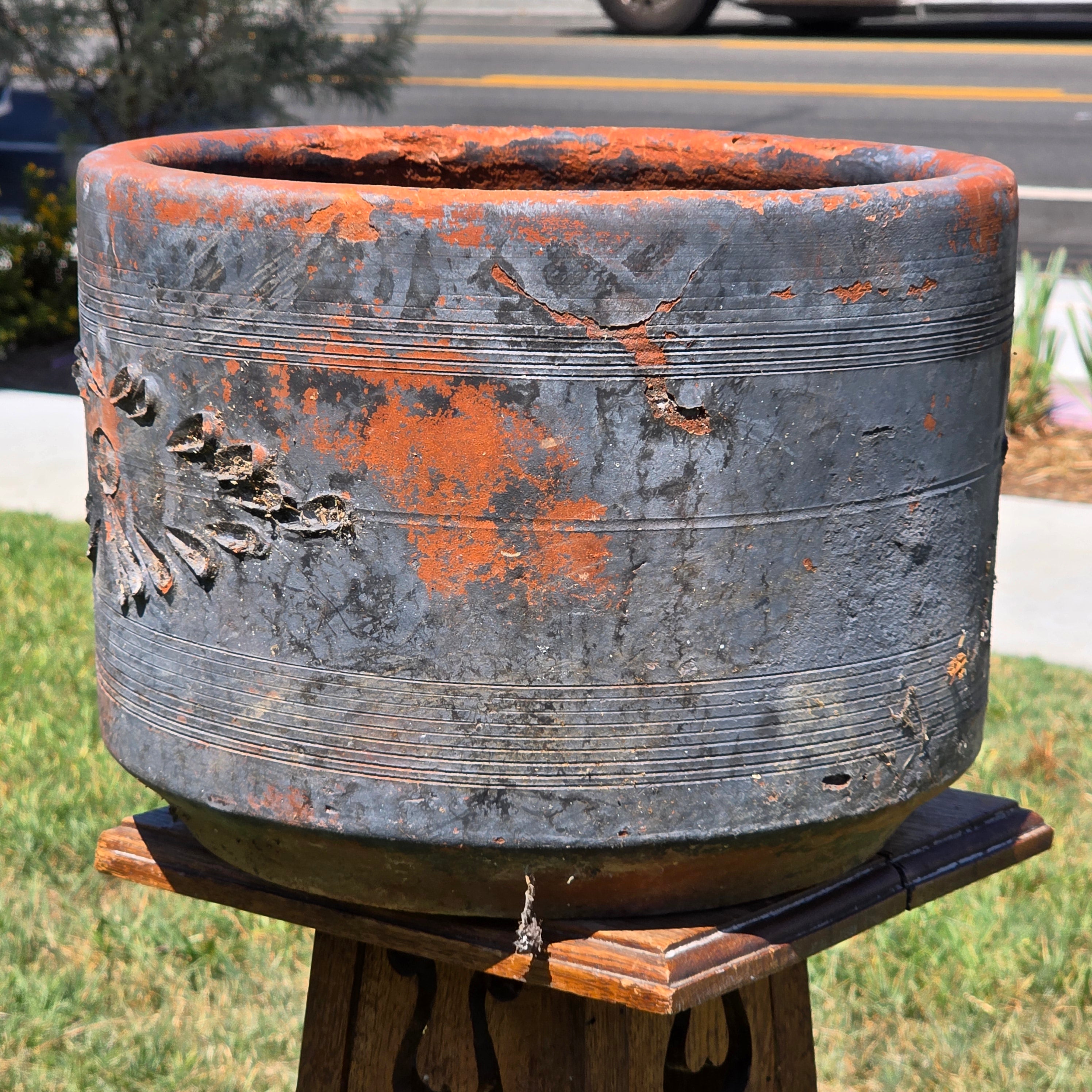 Vintage Mexican Terracotta Planter Pot Ocean Blue Clay Garden Rustic Folk Art 14"