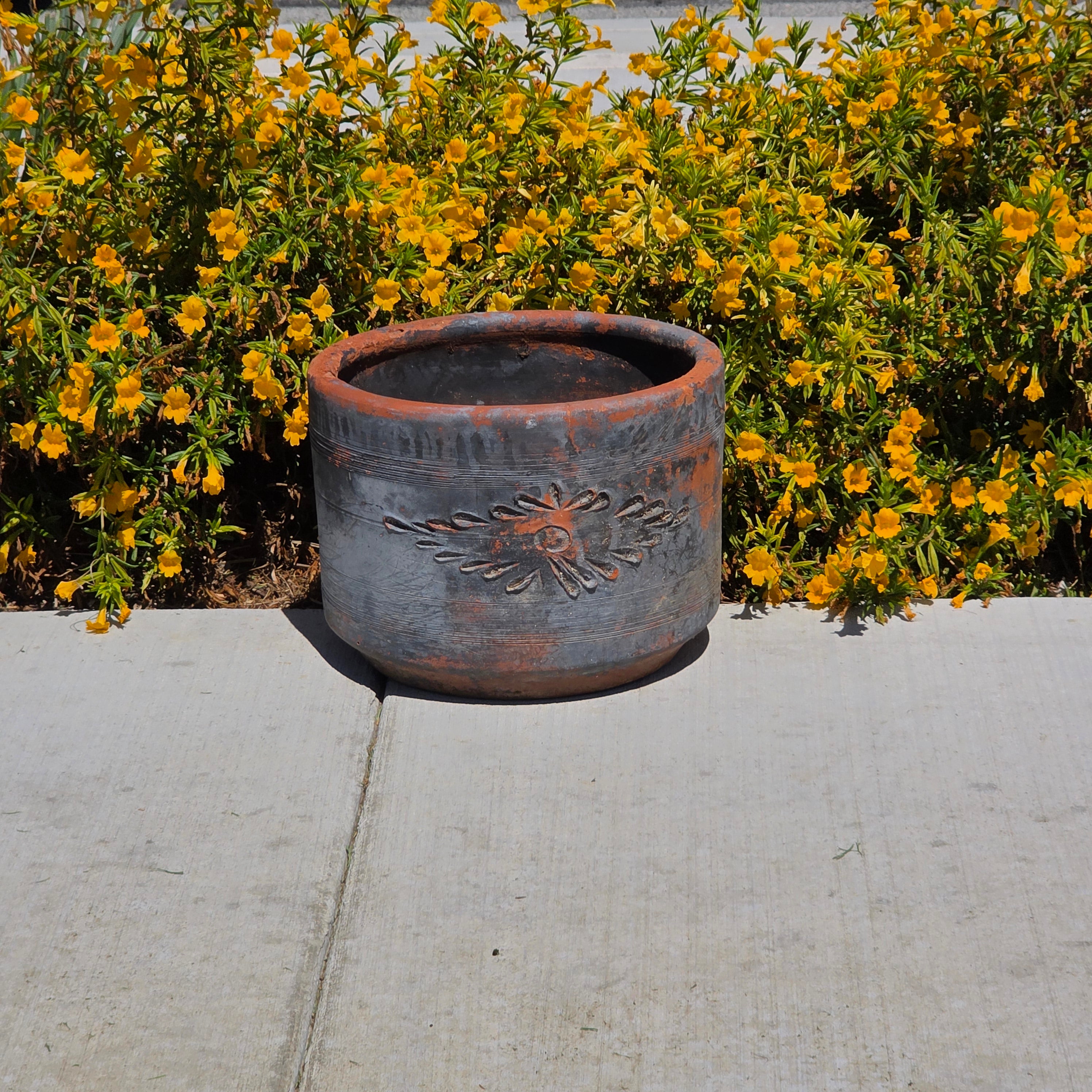 Vintage Mexican Terracotta Planter Pot Ocean Blue Clay Garden Rustic Folk Art 14"