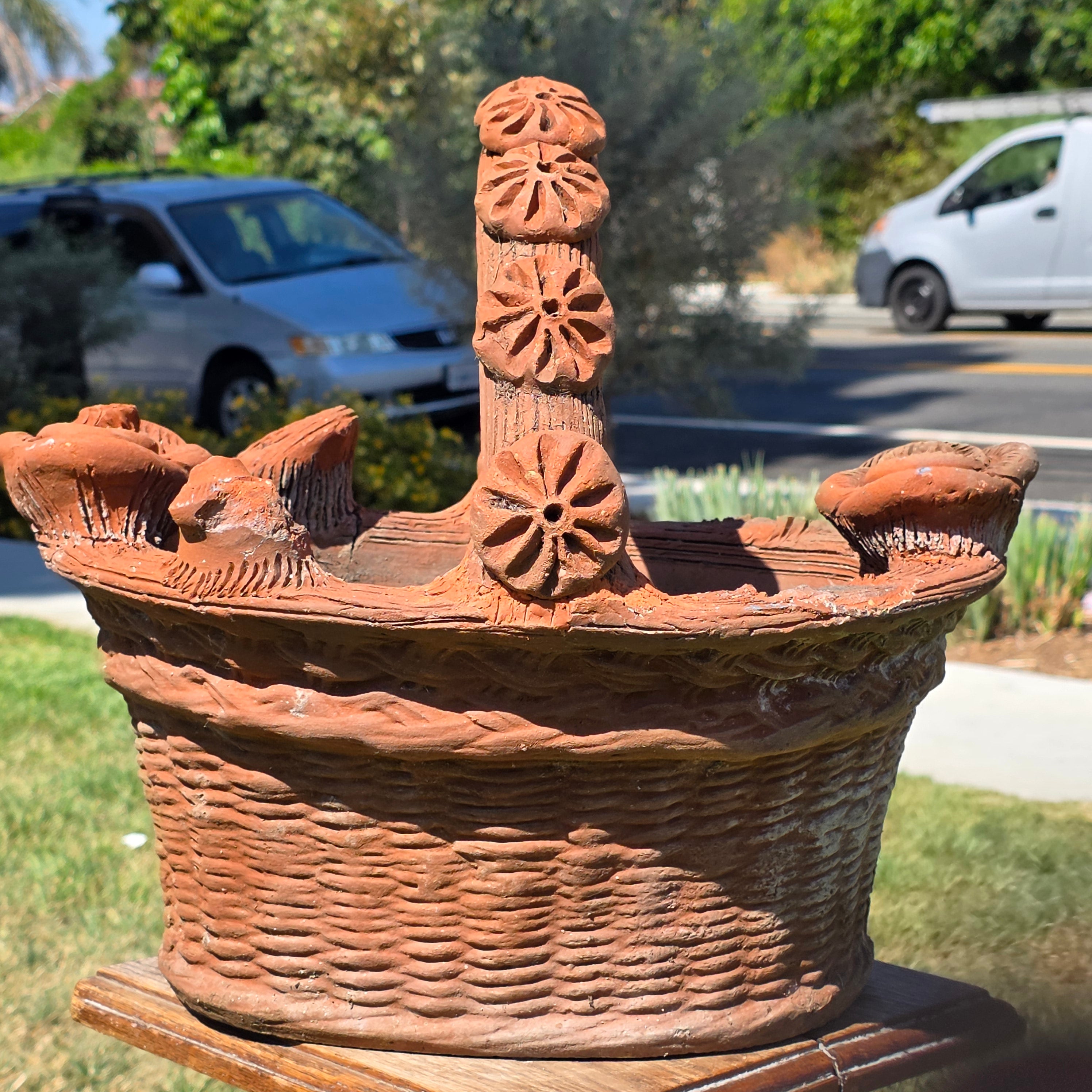 Vintage Large Terracotta Clay Woven Basket Planter Mexican Folk Art Floral Pot (AS-IS)