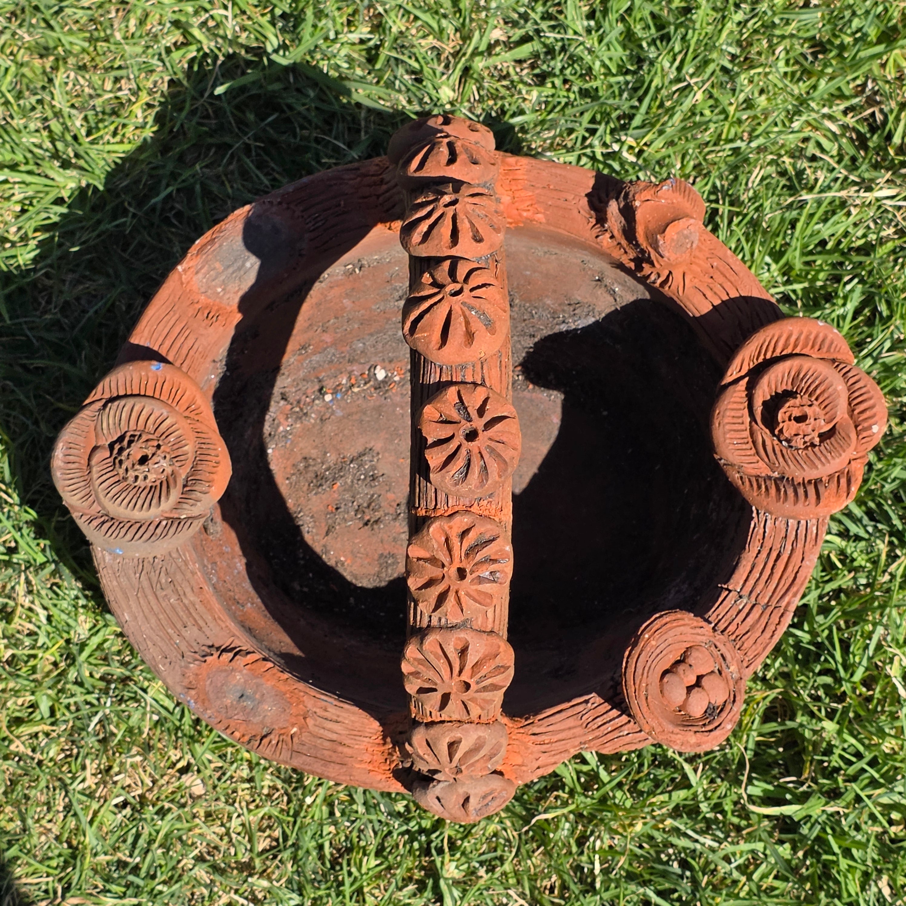 Vintage Large Terracotta Clay Woven Basket Planter Mexican Folk Art Floral Pot (AS-IS)