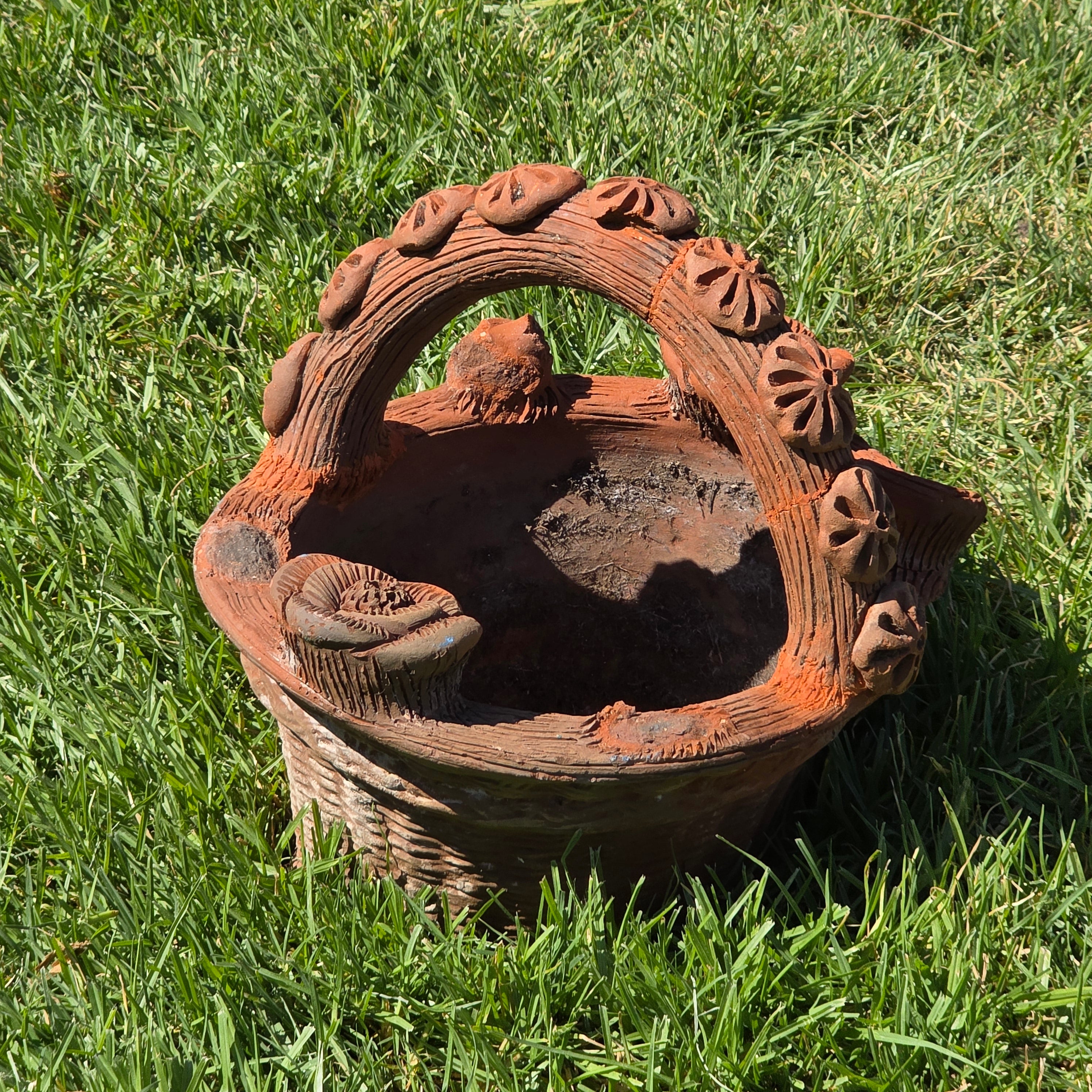 Vintage Large Terracotta Clay Woven Basket Planter Mexican Folk Art Floral Pot (AS-IS)