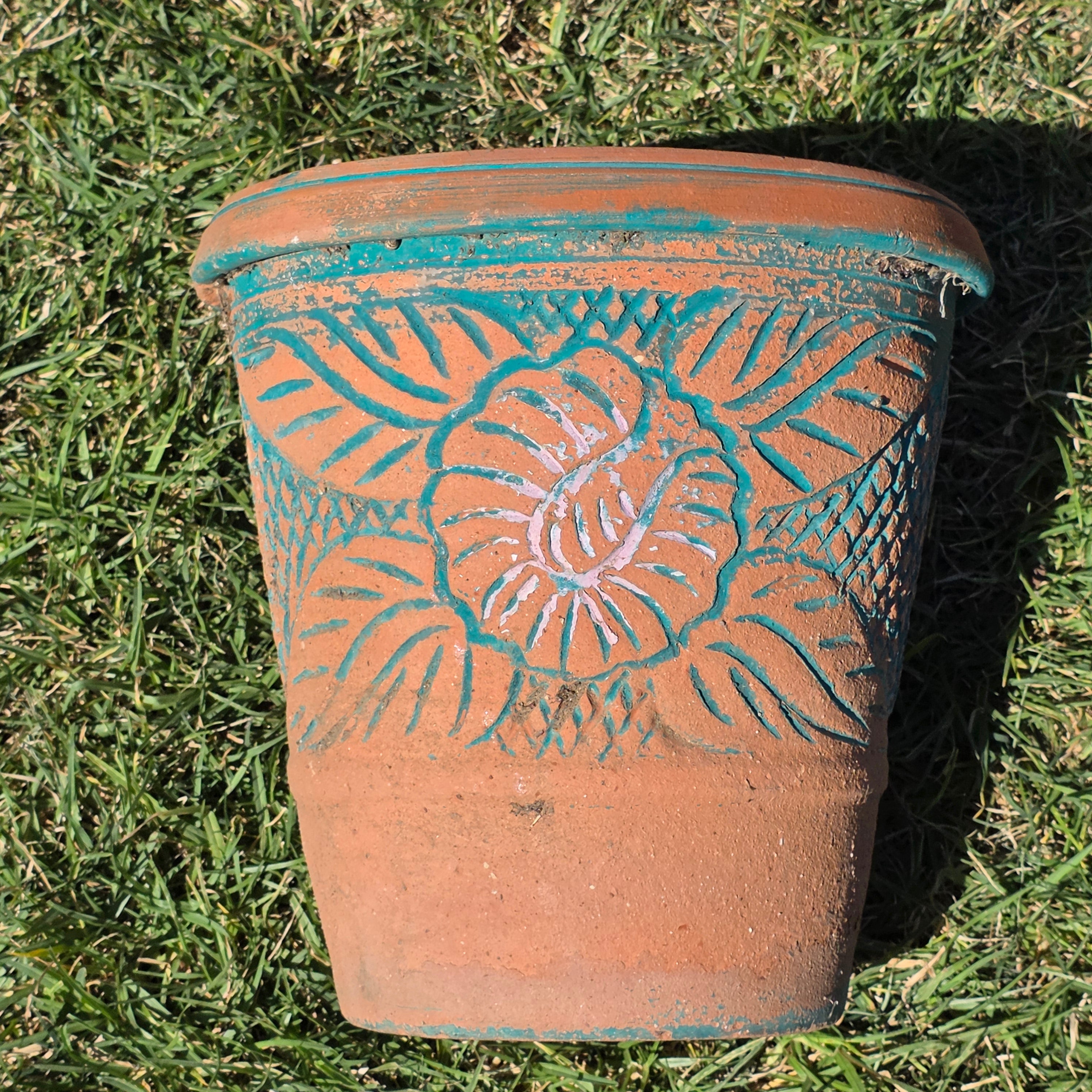 Vintage Southwestern Terracotta Planter Pot Turquoise Teal Carved Floral 12"