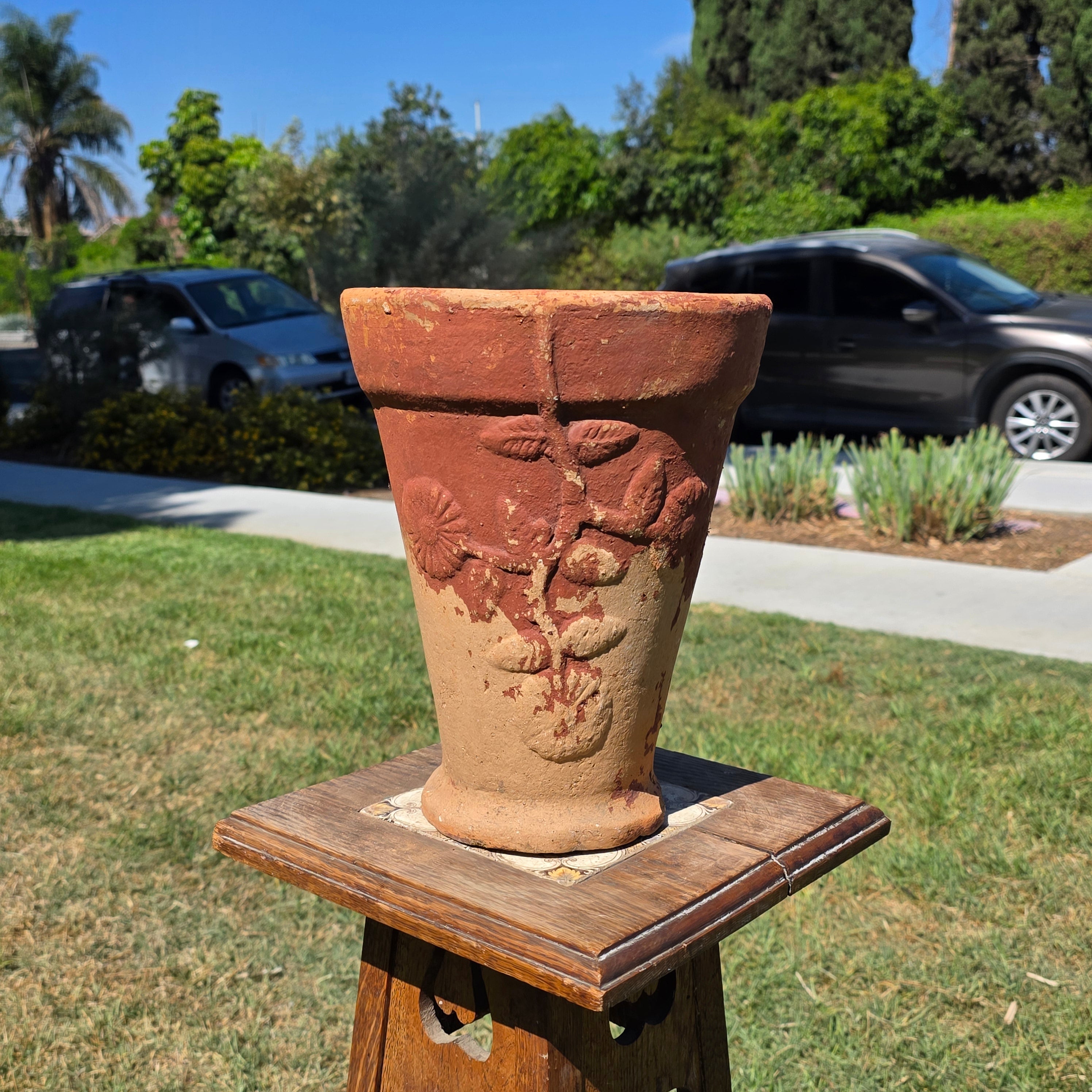 Vintage Terracotta Garden Planter Relief Flower Motif Aged Clay Pot Heavy 11.5"