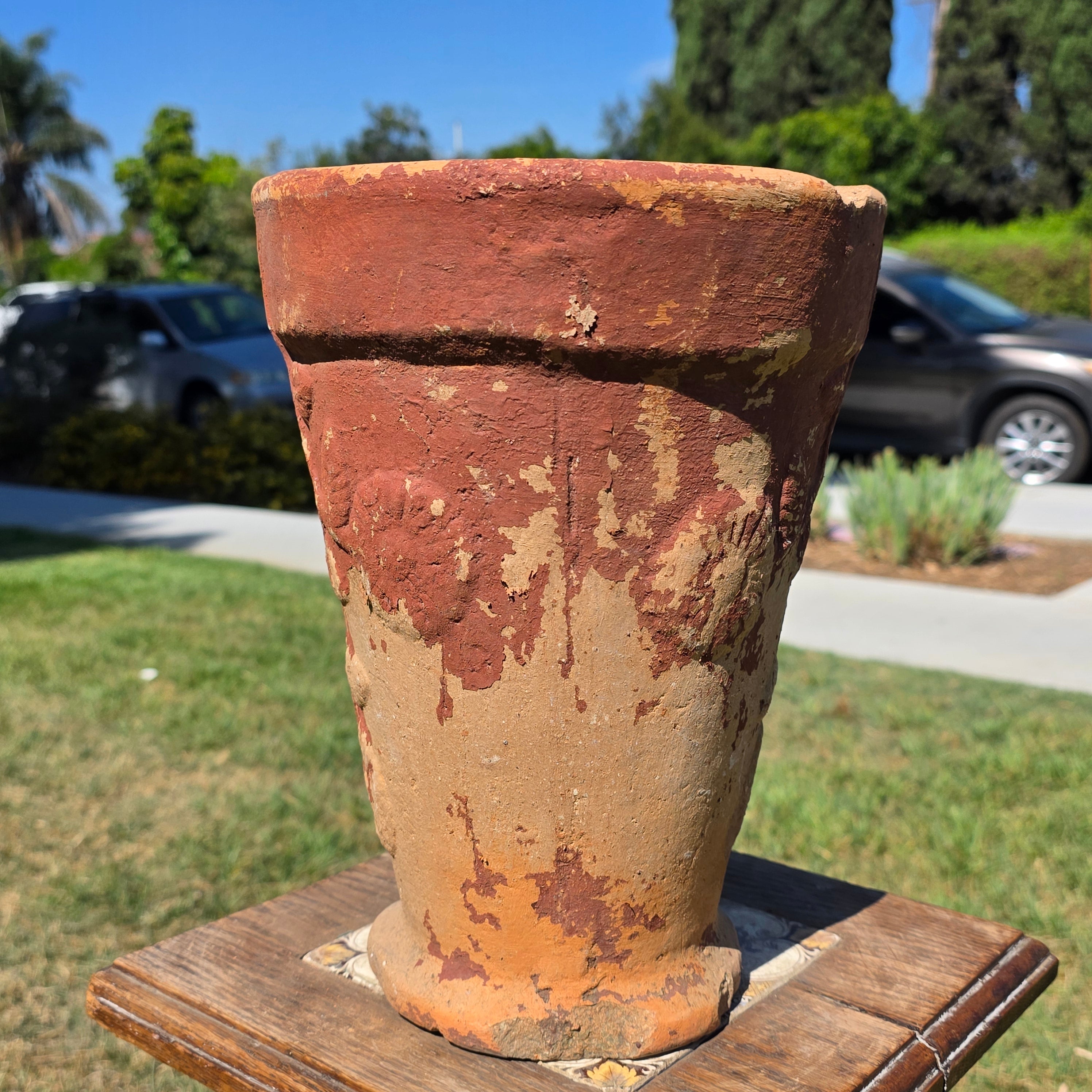 Vintage Terracotta Garden Planter Relief Flower Motif Aged Clay Pot Heavy 11.5"