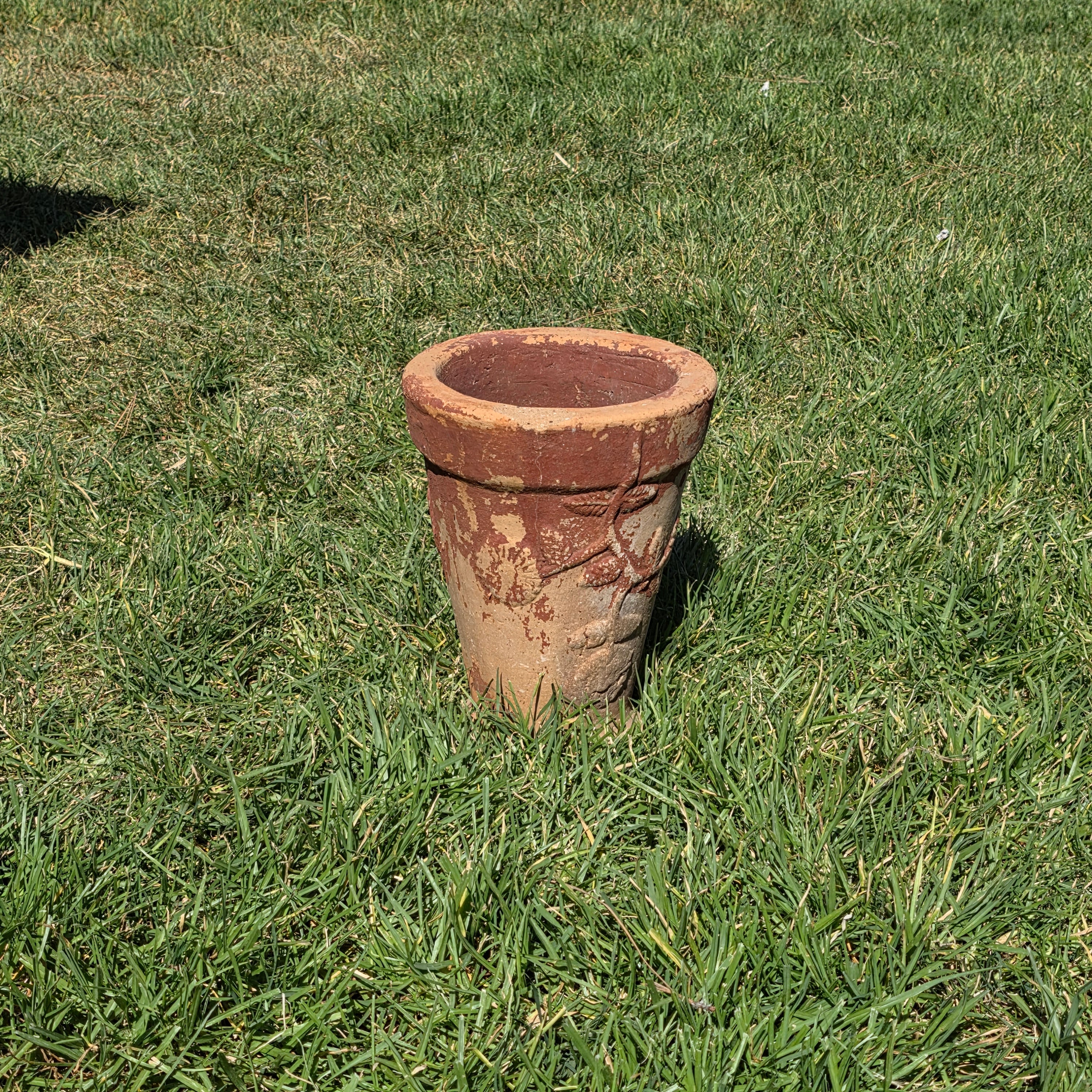 Vintage Terracotta Garden Planter Relief Flower Motif Aged Clay Pot Heavy 11.5"