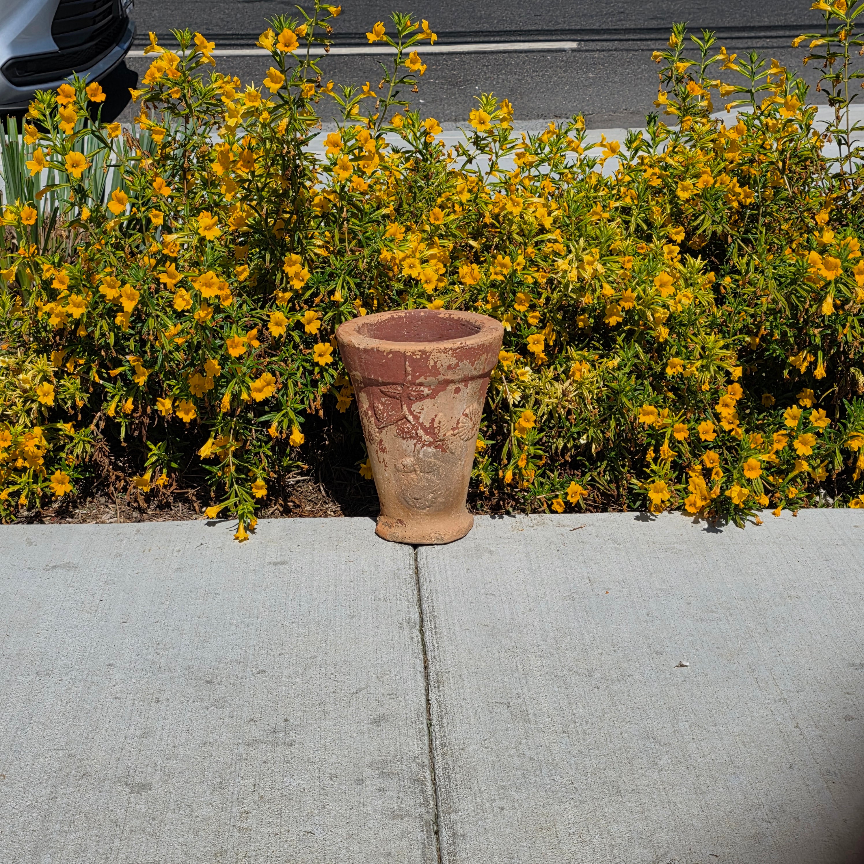 Vintage Terracotta Garden Planter Relief Flower Motif Aged Clay Pot Heavy 11.5"