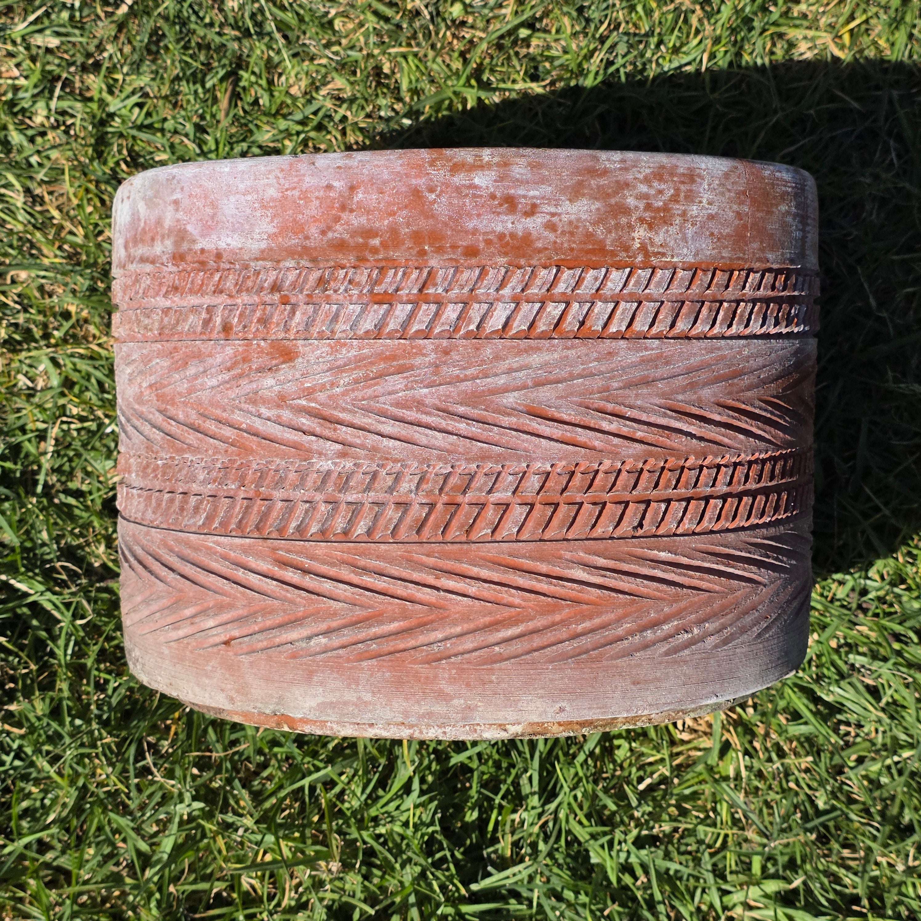 Vintage Southwestern Terracotta Planter Pot Carved Geometric Heavy Garden 11"