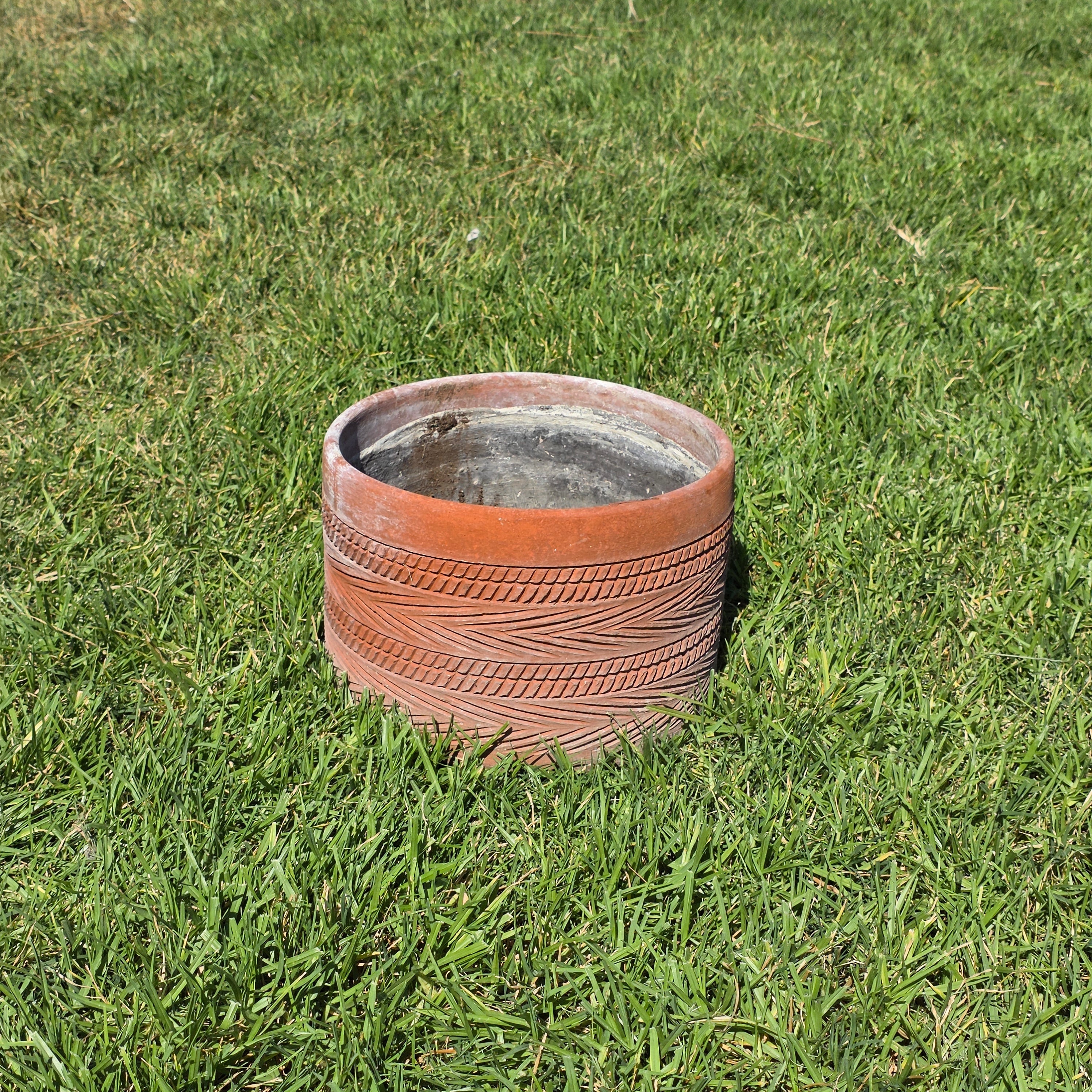 Vintage Southwestern Terracotta Planter Pot Carved Geometric Heavy Garden 11"