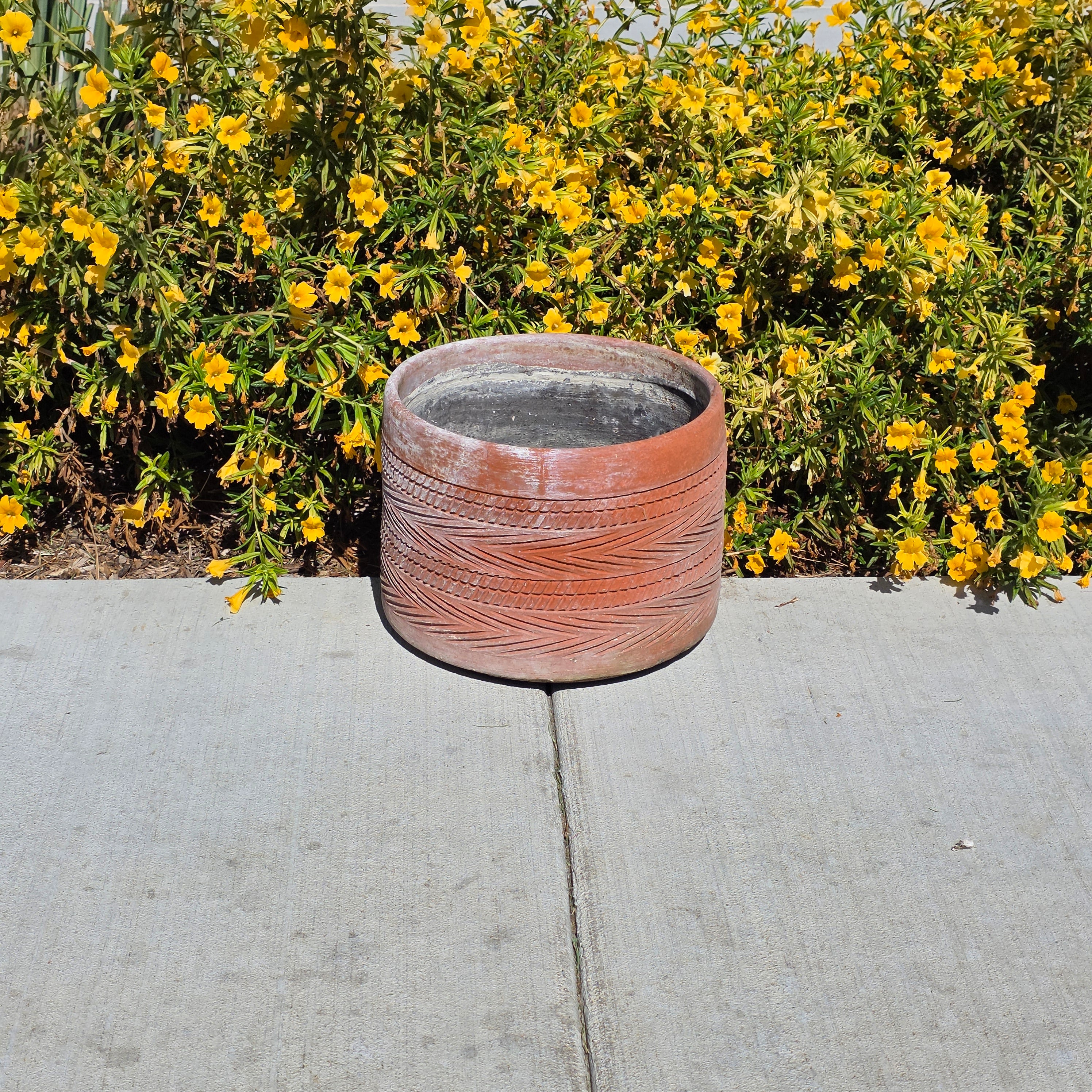Vintage Southwestern Terracotta Planter Pot Carved Geometric Heavy Garden 11"