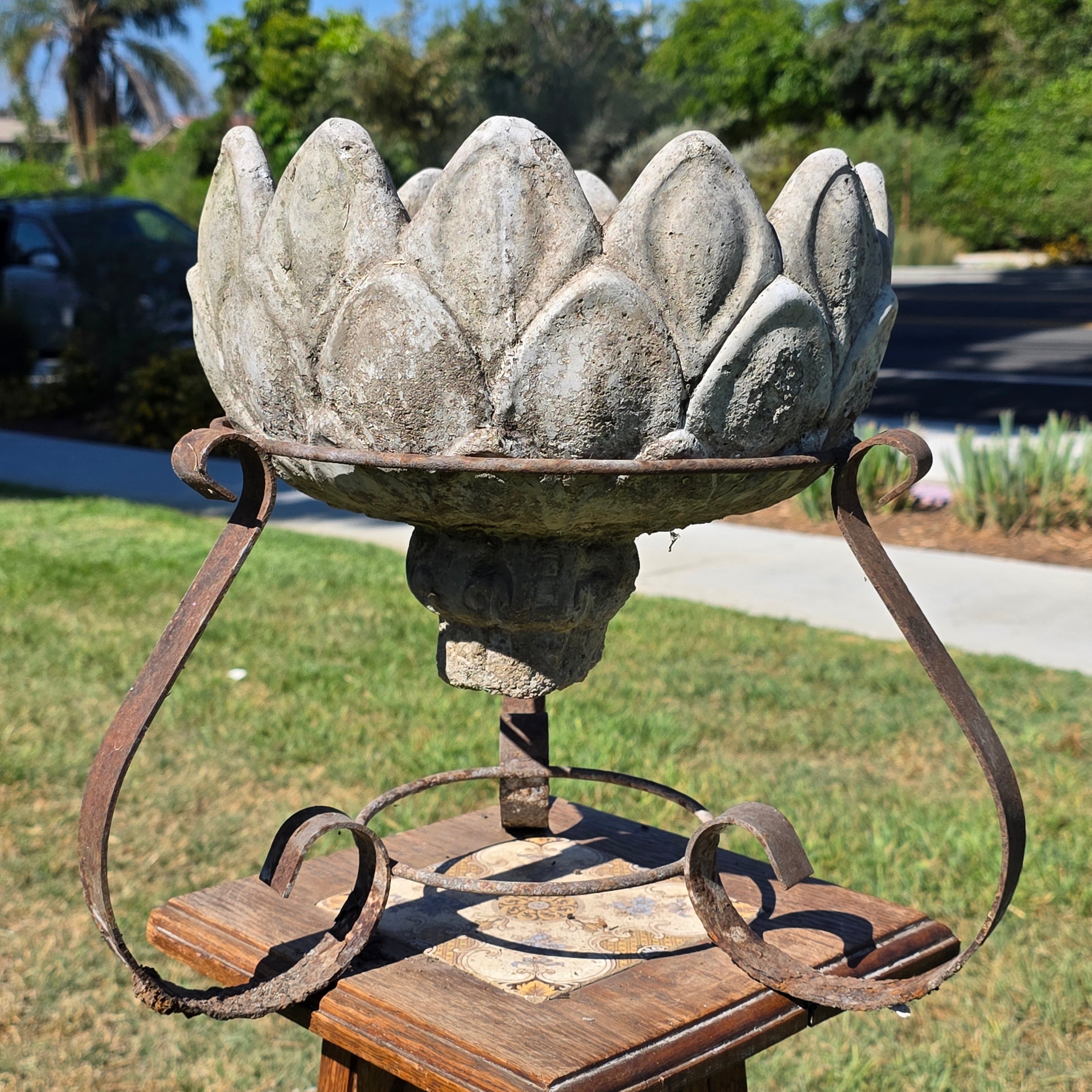 Share Vintage Concrete Artichoke Fountain Top Topper Planter Wrought Iron Stand