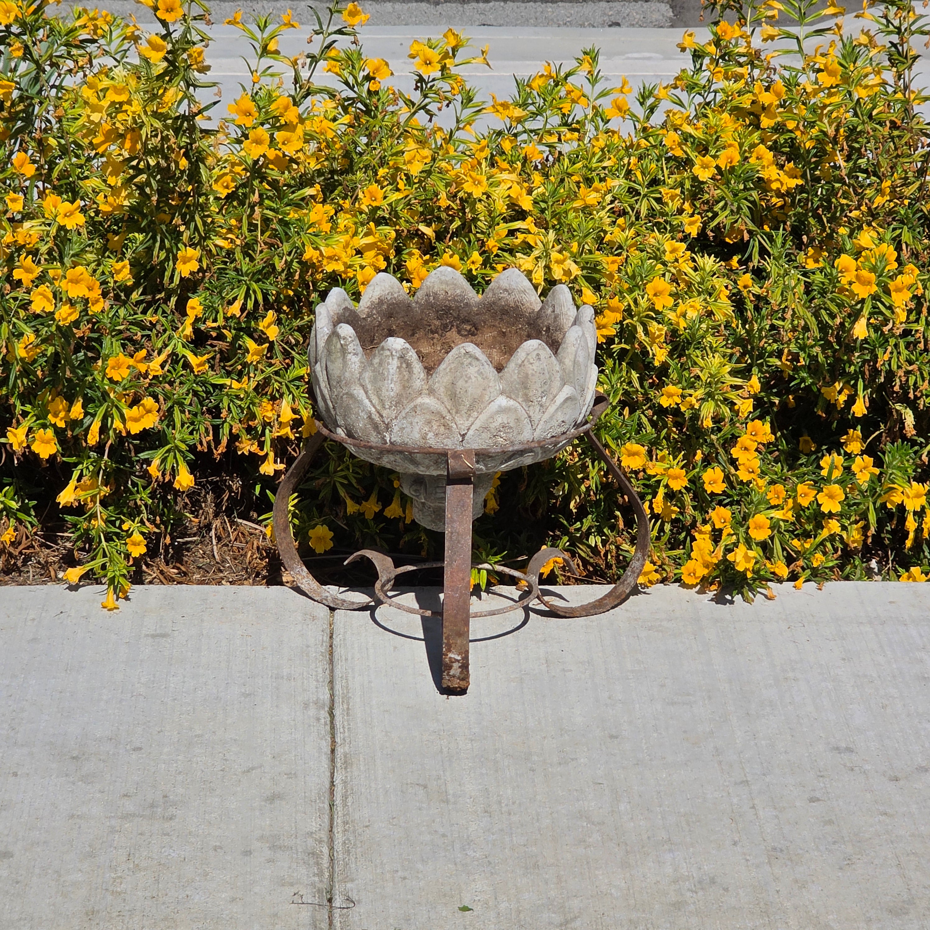 Share Vintage Concrete Artichoke Fountain Top Topper Planter Wrought Iron Stand