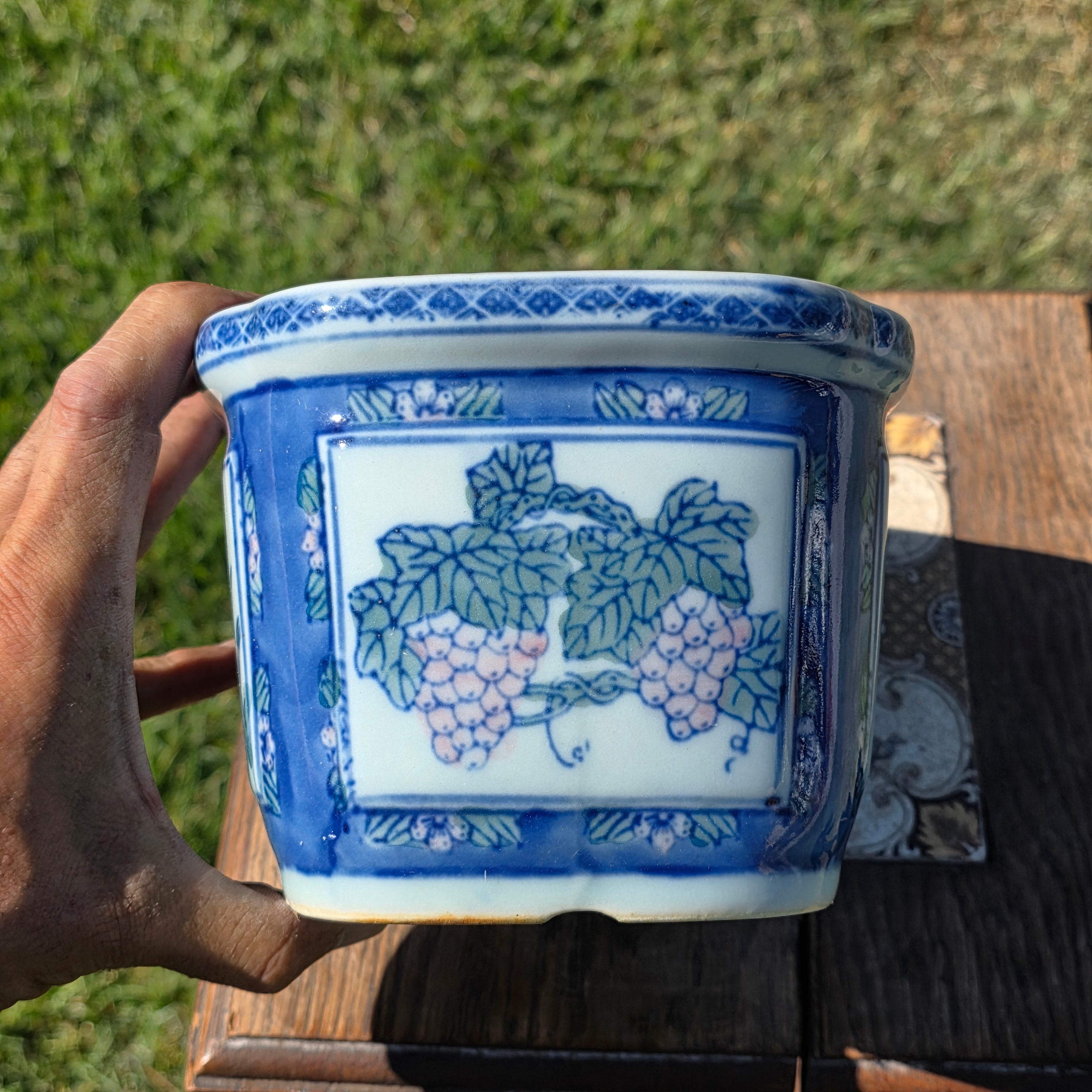 Vintage Chinoiserie Blue White Porcelain Rectangular Planter Orchid Grape Bonsai