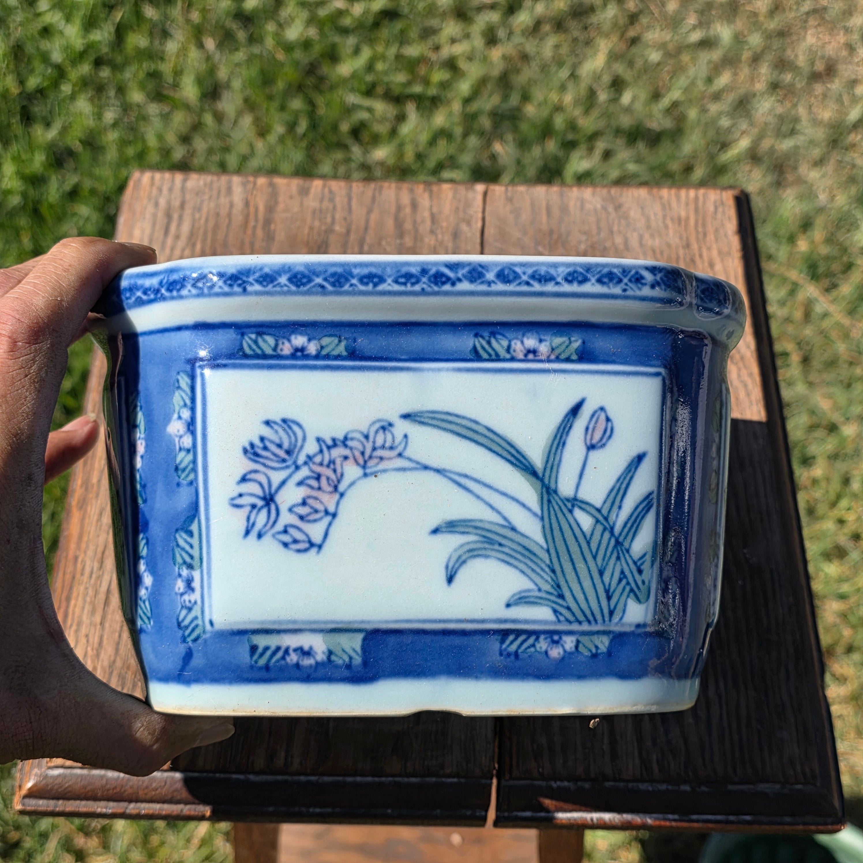 Vintage Chinoiserie Blue White Porcelain Rectangular Planter Orchid Grape Bonsai