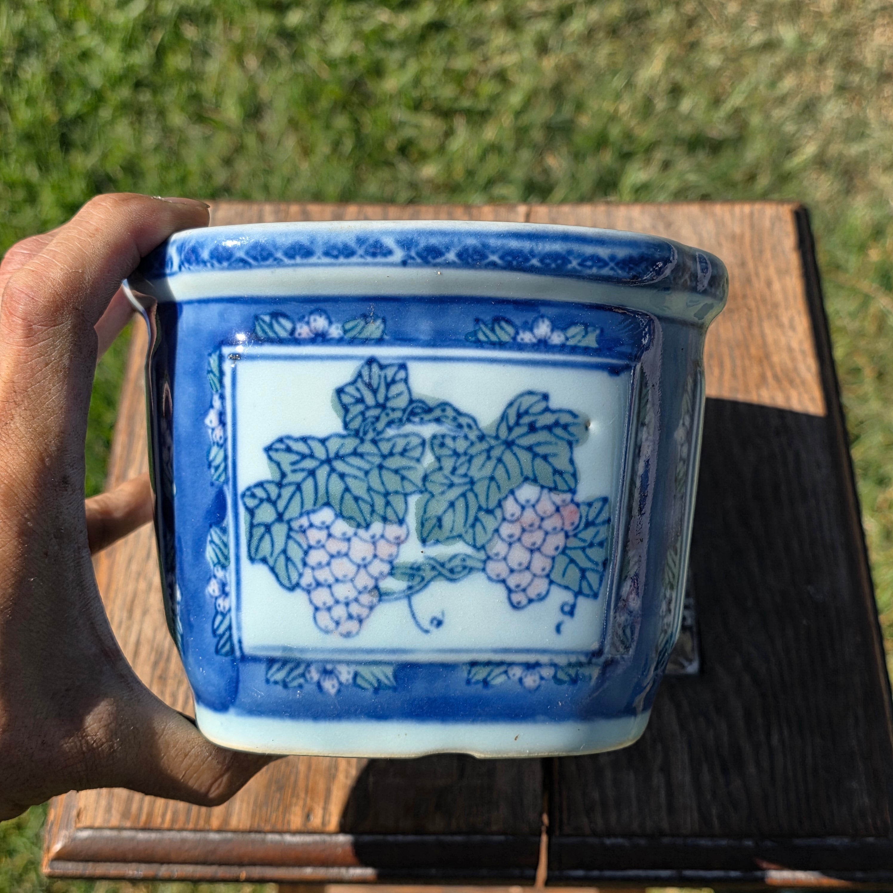 Vintage Chinoiserie Blue White Porcelain Rectangular Planter Orchid Grape Bonsai