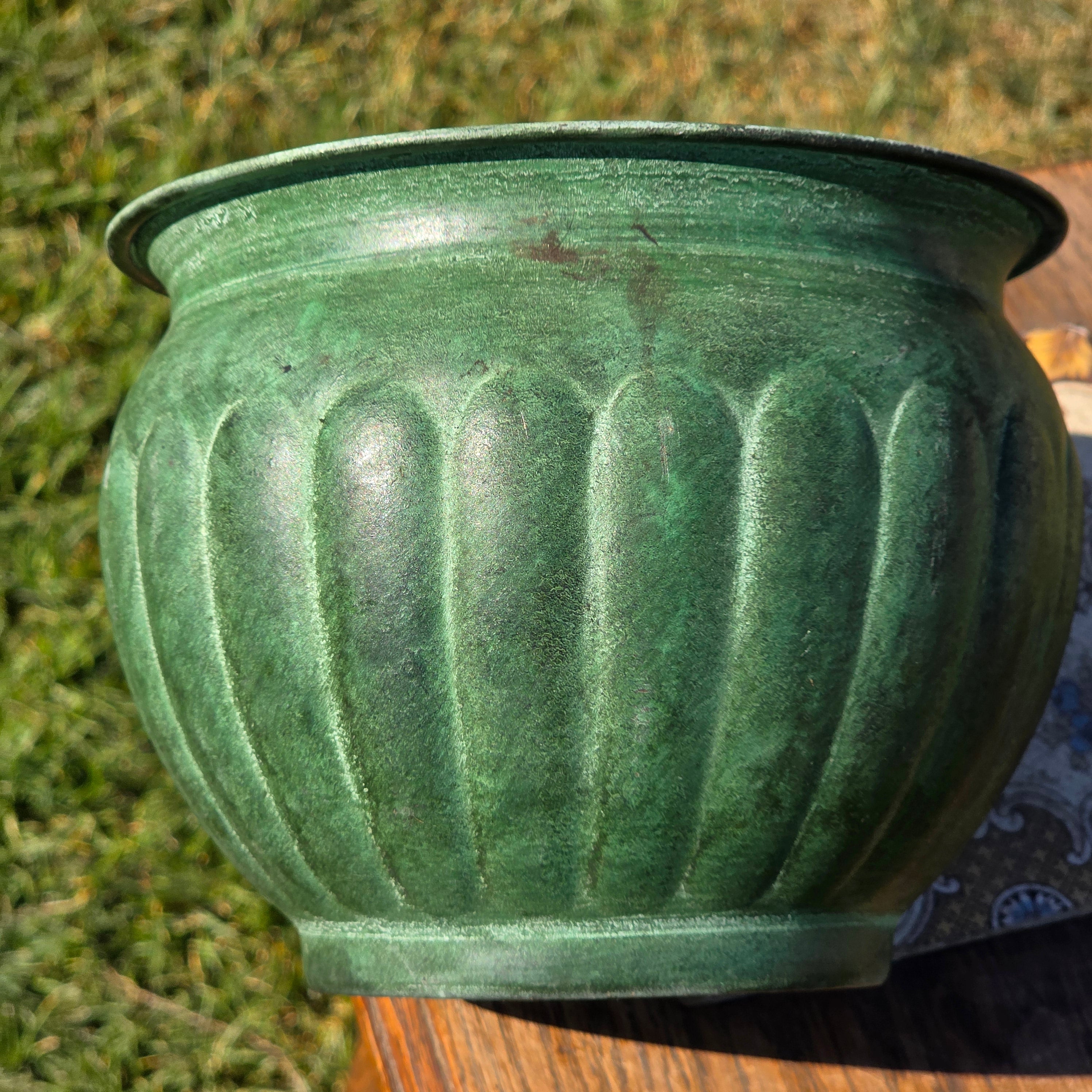 Vintage Verdigris Green Metal Cachepot Planter Pot Fluted Ribbed Flower Urn 7"