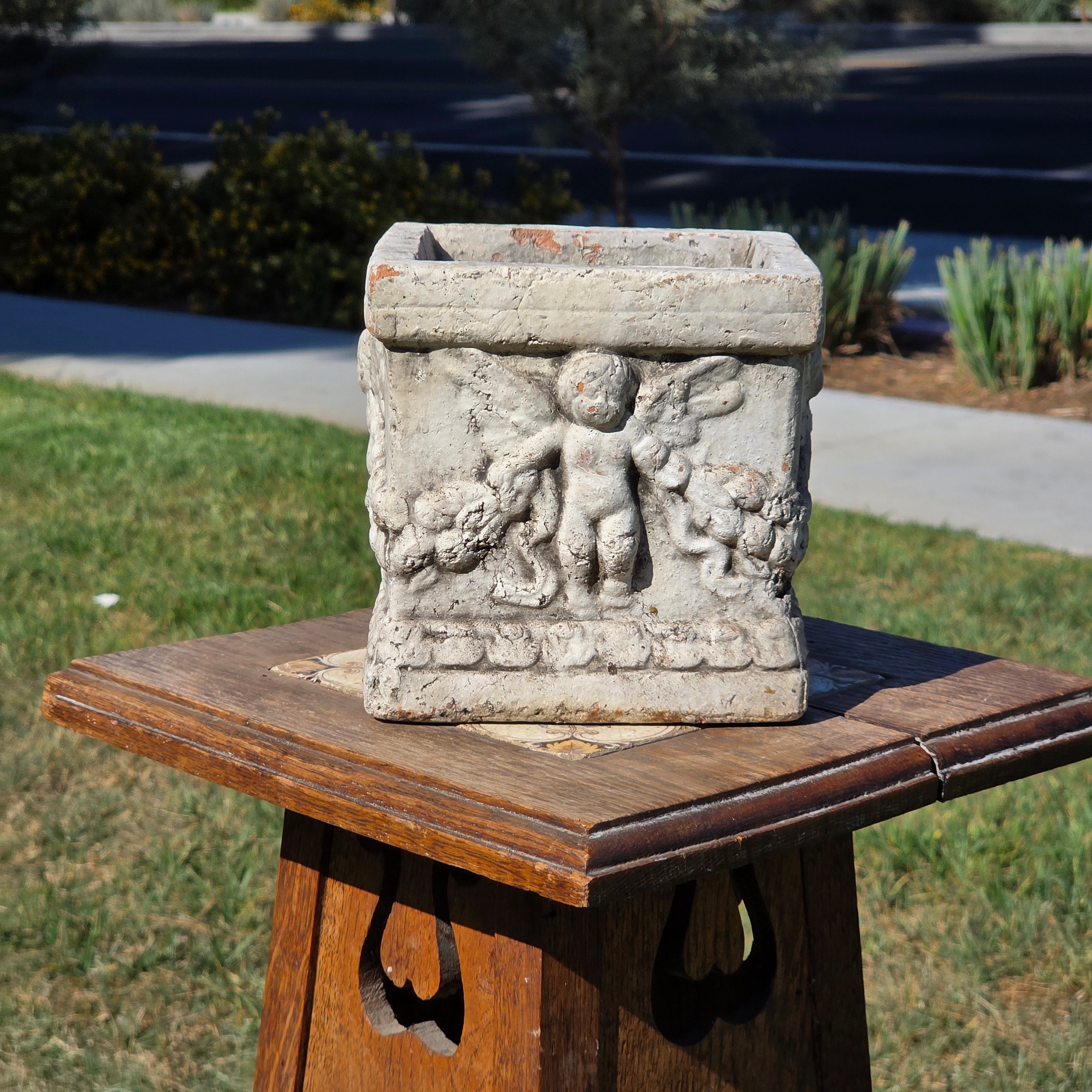 Vintage Terracotta Cherub Planter Square Clay Cupid Angel Flower Pot Shabby