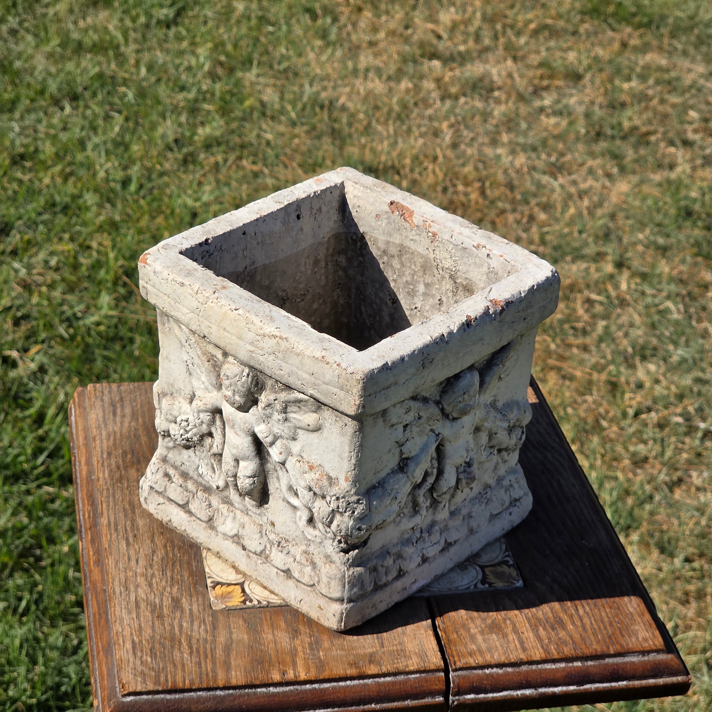 Vintage Terracotta Cherub Planter Square Clay Cupid Angel Flower Pot Shabby