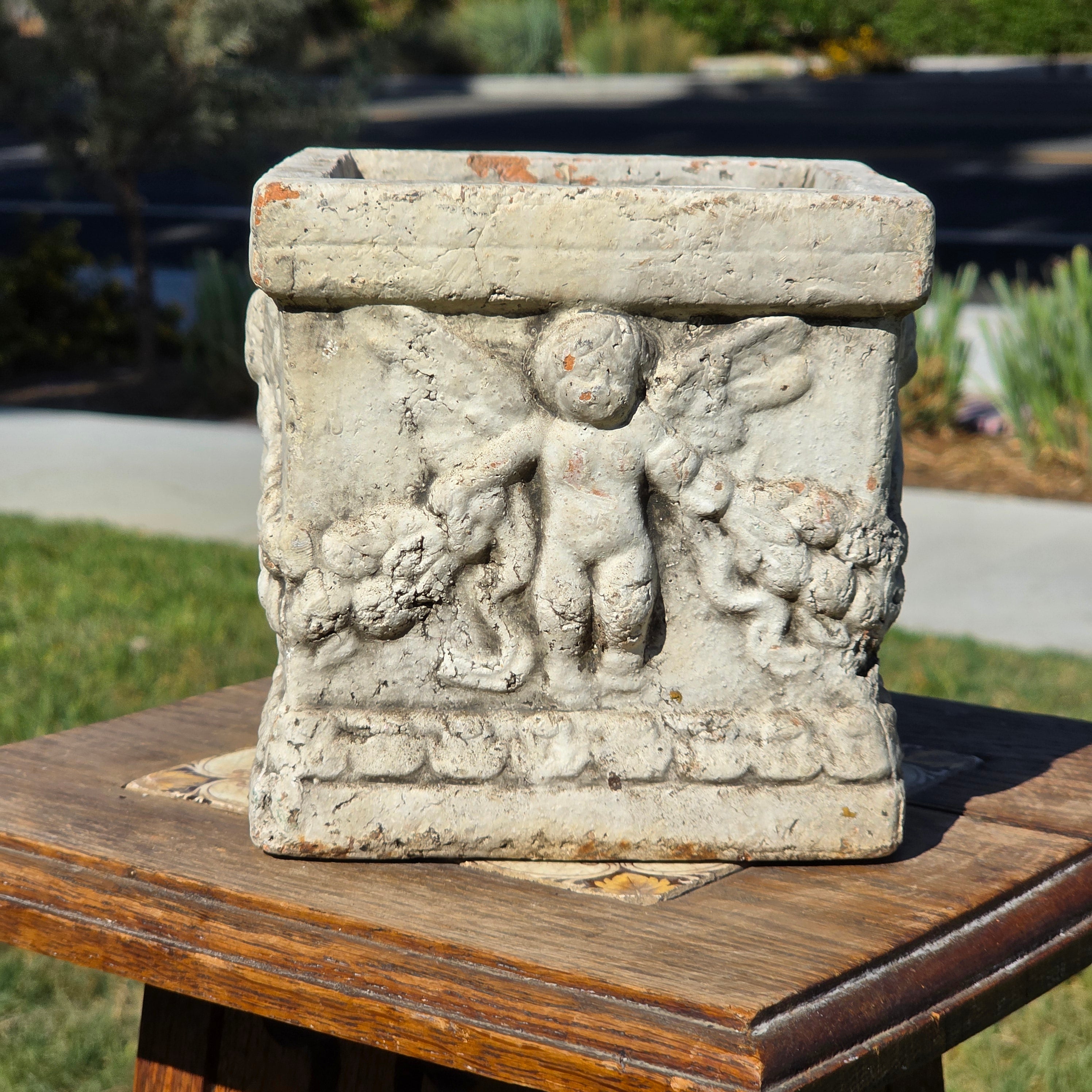 Vintage Terracotta Cherub Planter Square Clay Cupid Angel Flower Pot Shabby
