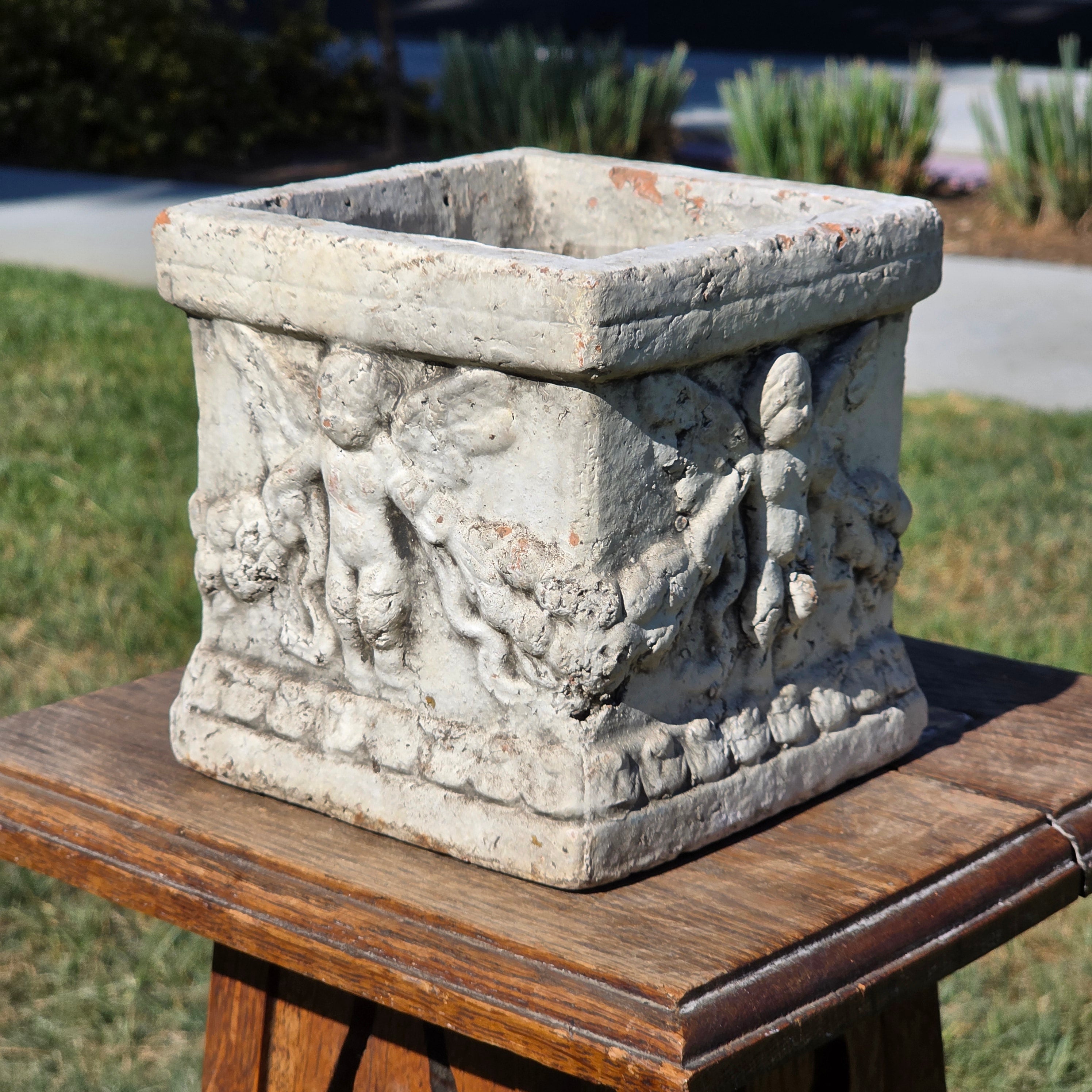 Vintage Terracotta Cherub Planter Square Clay Cupid Angel Flower Pot Shabby