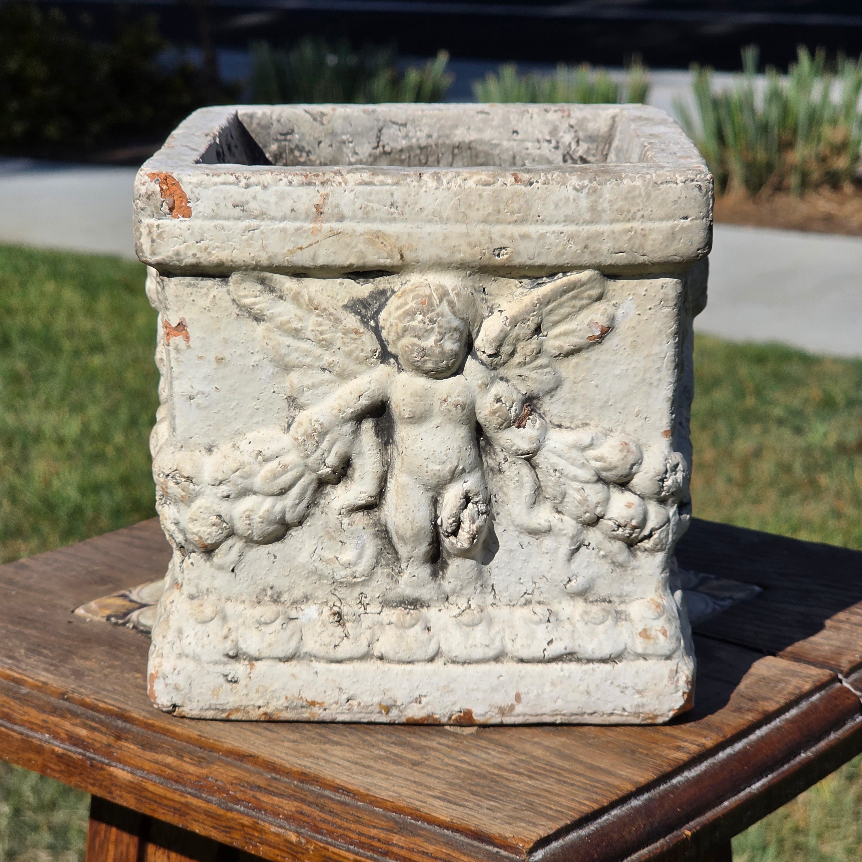 Vintage Terracotta Cherub Planter Square Clay Cupid Angel Flower Pot Shabby