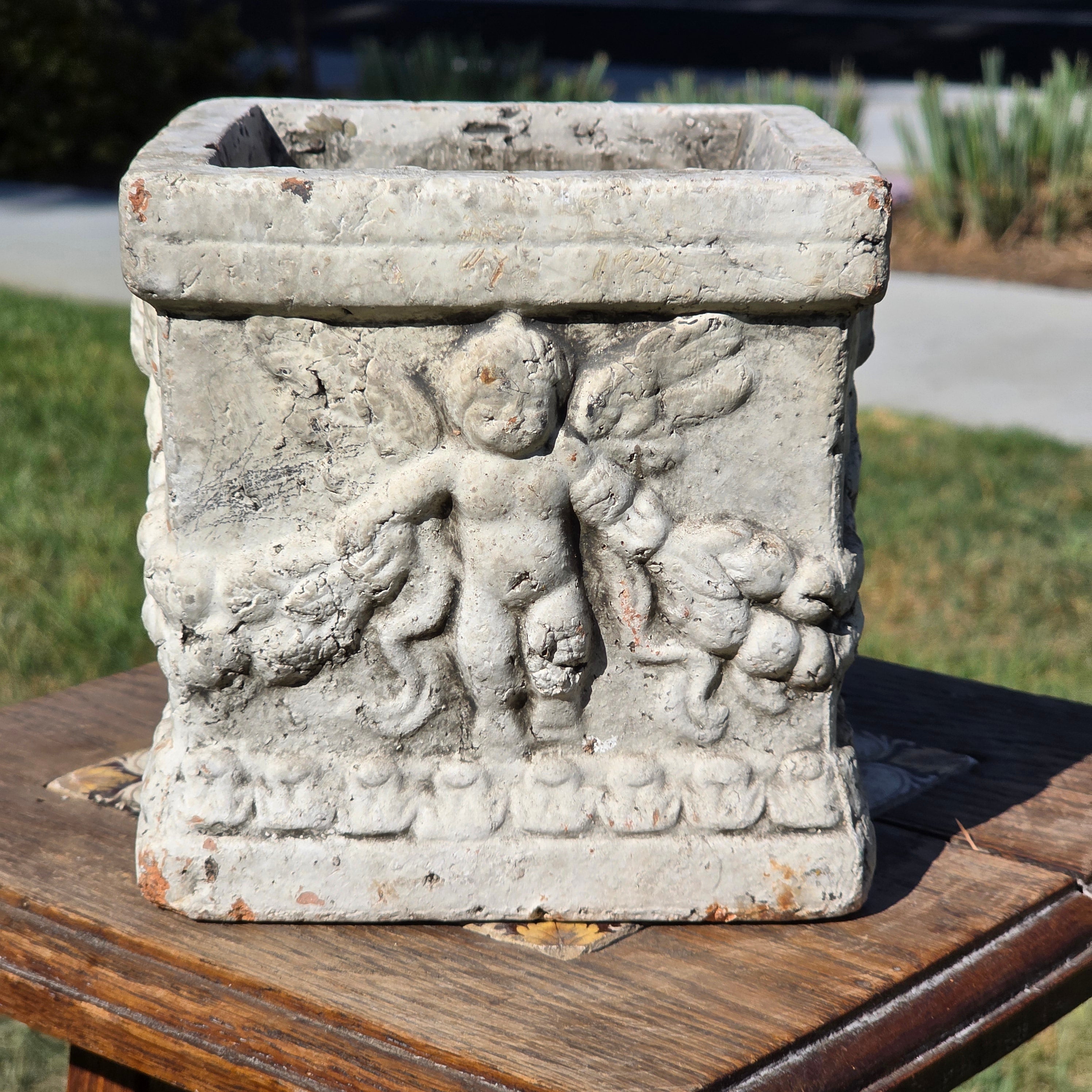 Vintage Terracotta Cherub Planter Square Clay Cupid Angel Flower Pot Shabby