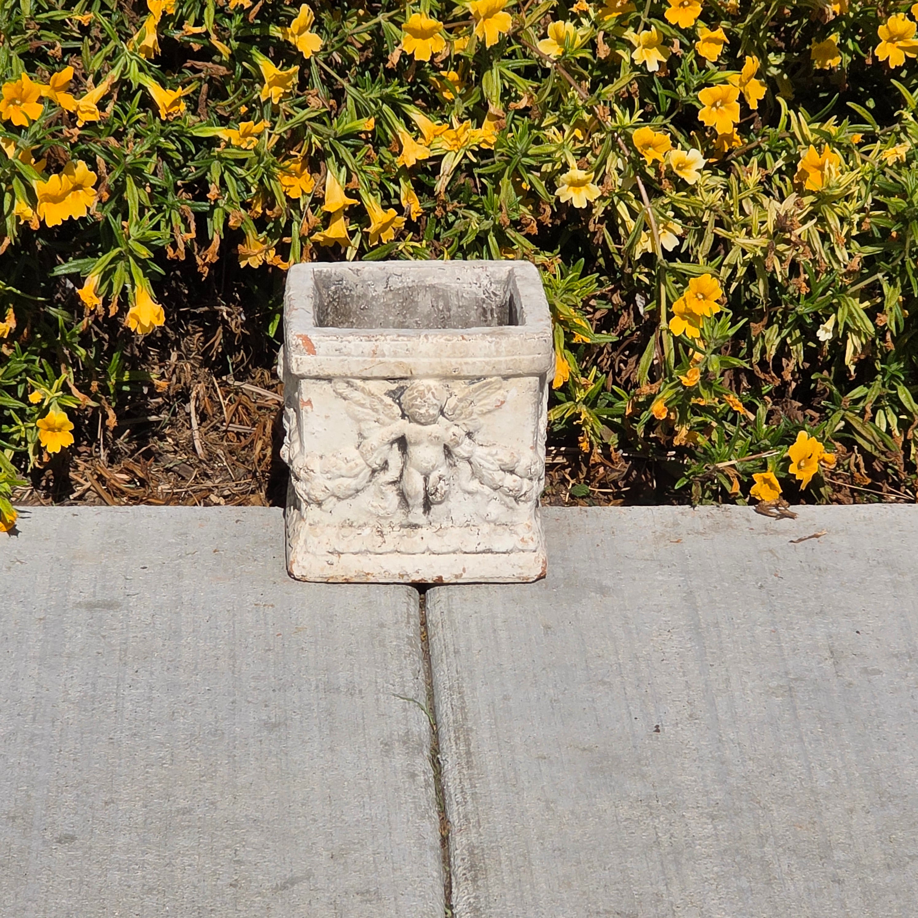 Vintage Terracotta Cherub Planter Square Clay Cupid Angel Flower Pot Shabby