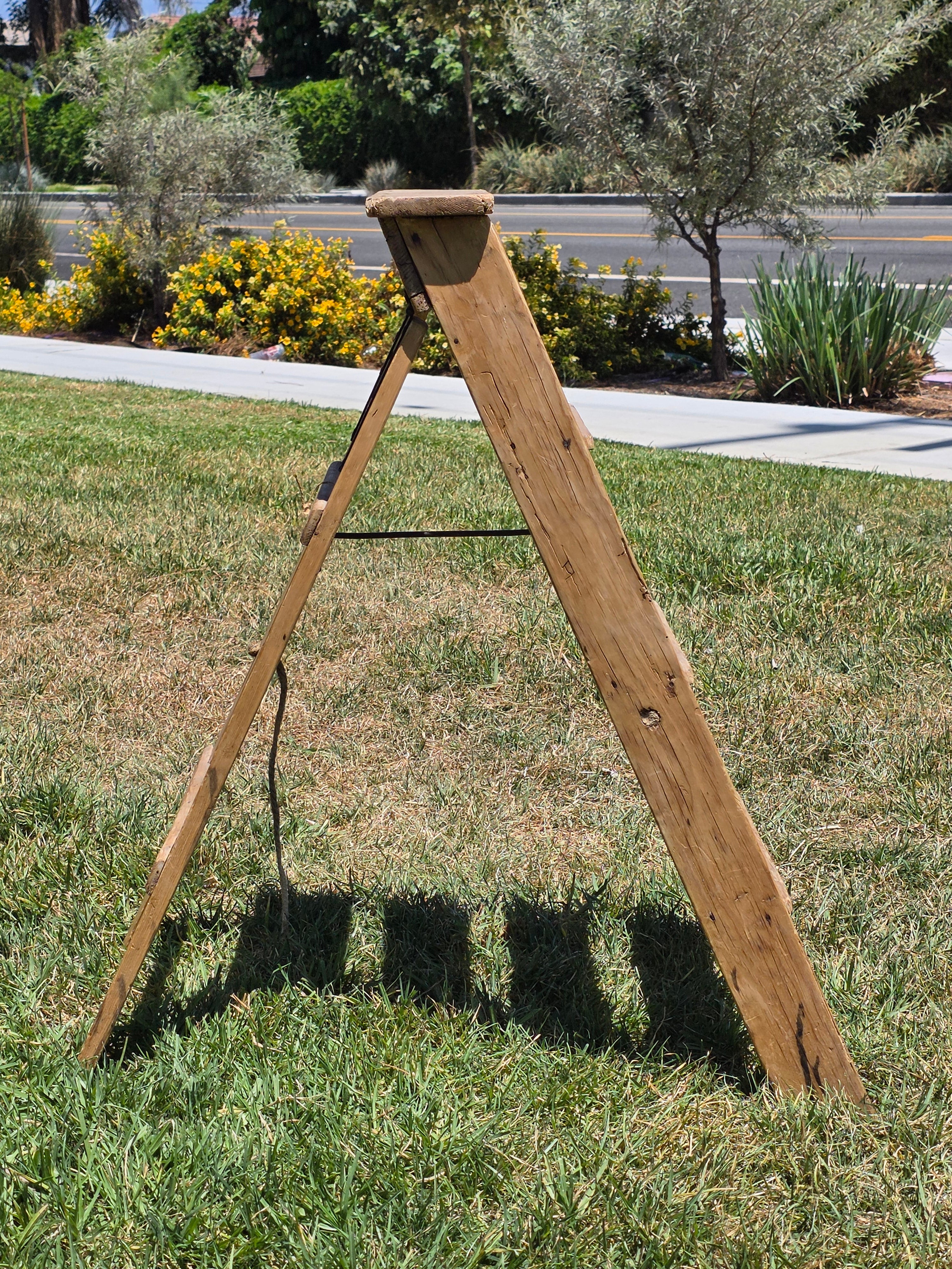 Vintage Wood Step Ladder Antique Wrought Iron Hardware Farmhouse Plant Stand 3ft
