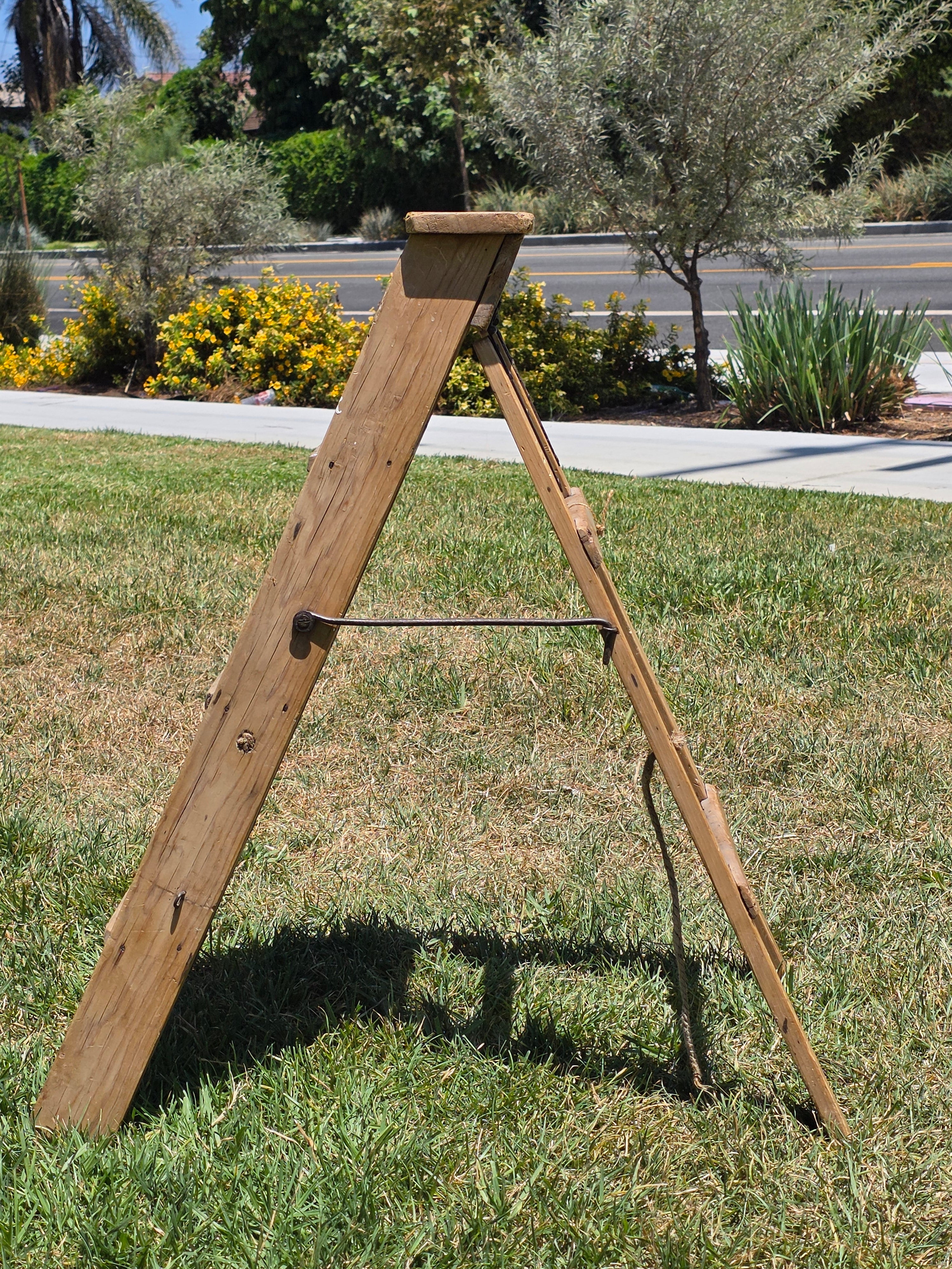Vintage Wood Step Ladder Antique Wrought Iron Hardware Farmhouse Plant Stand 3ft