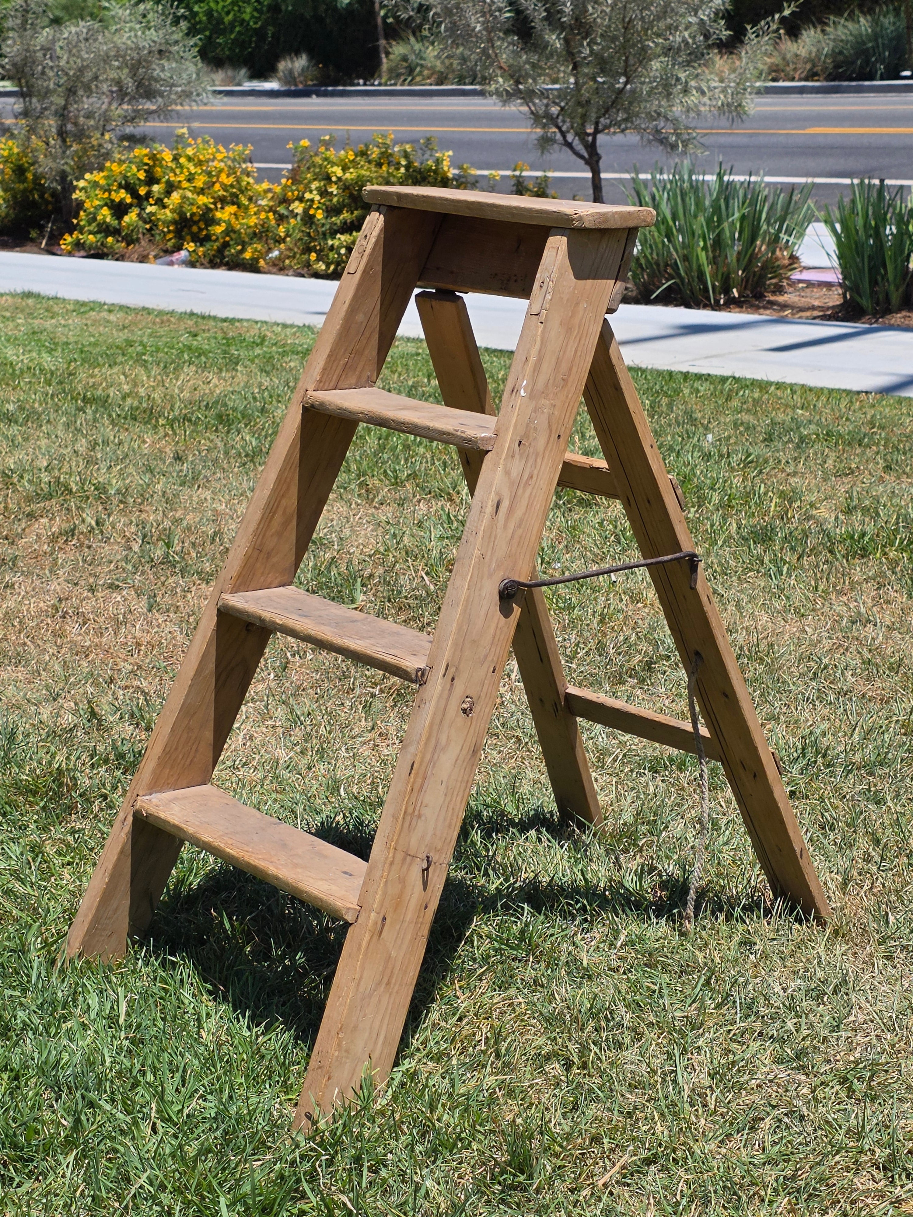 Vintage Wood Step Ladder Antique Wrought Iron Hardware Farmhouse Plant Stand 3ft