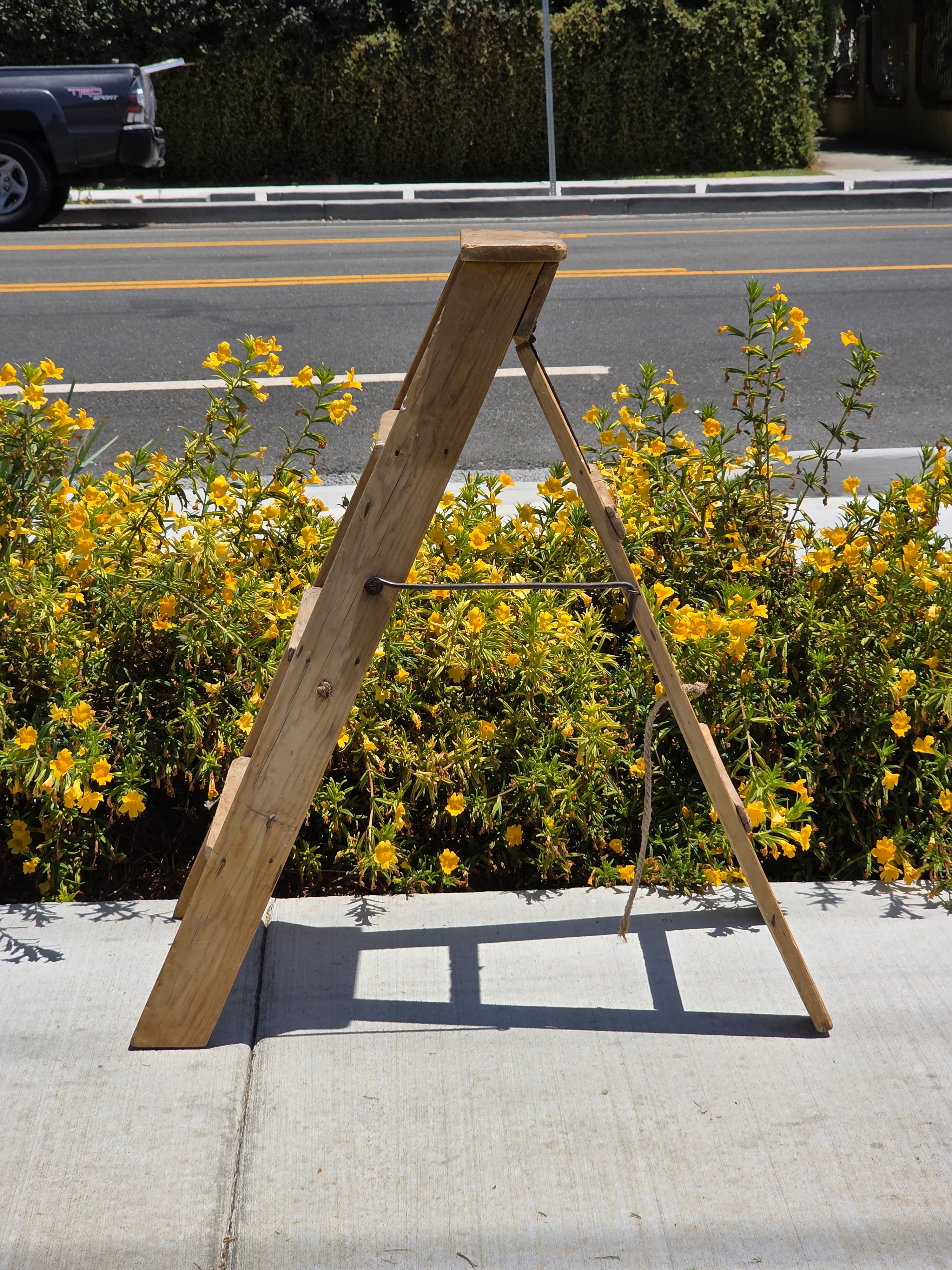Vintage Wood Step Ladder Antique Wrought Iron Hardware Farmhouse Plant Stand 3ft