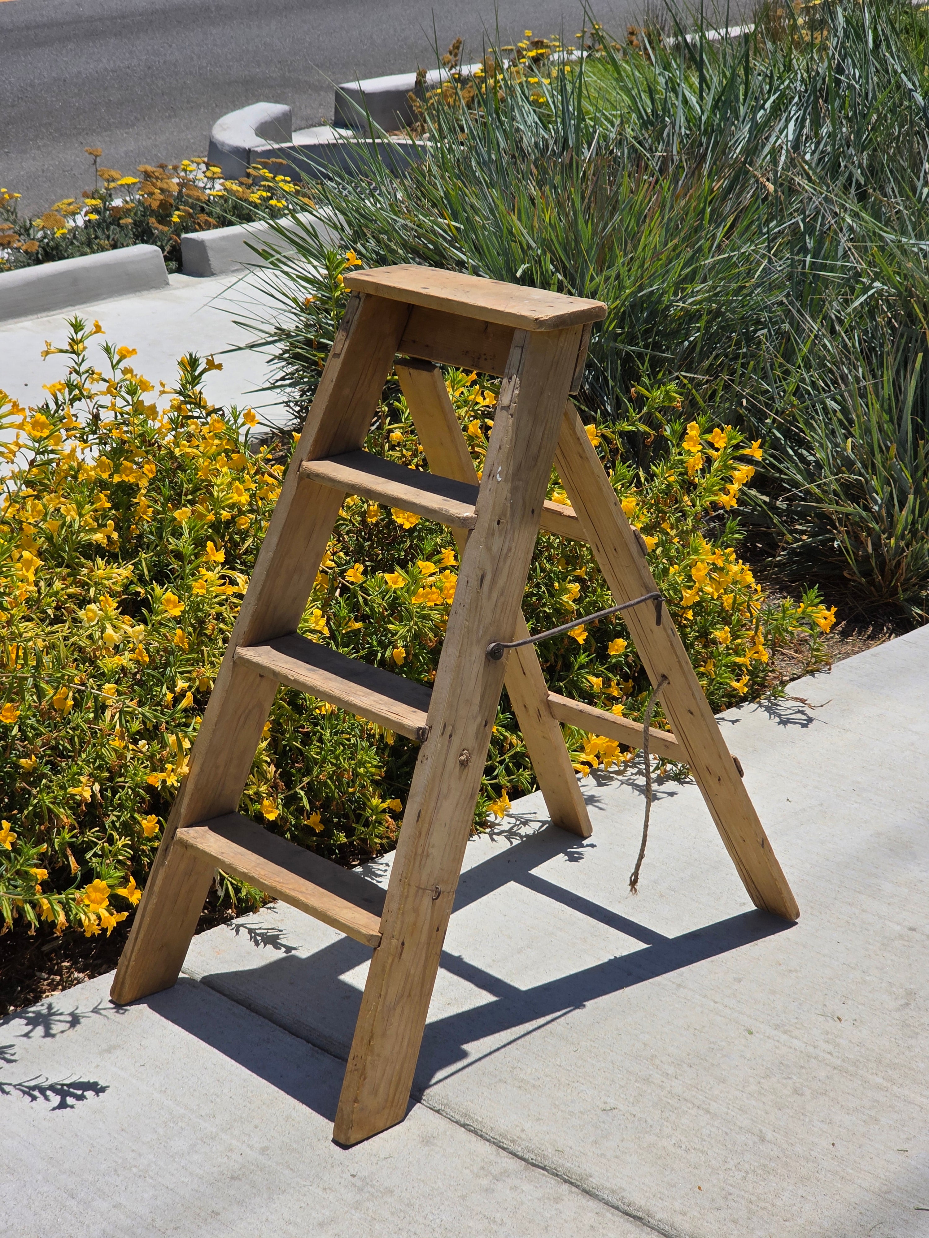 Vintage Wood Step Ladder Antique Wrought Iron Hardware Farmhouse Plant Stand 3ft