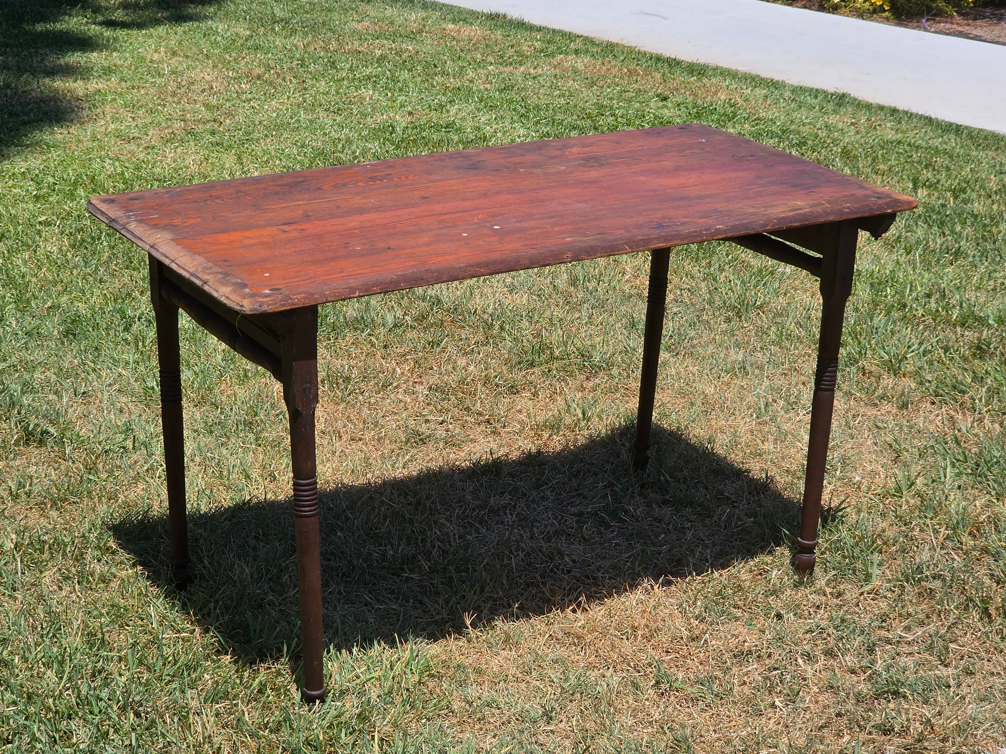 Antique 1800s Primitive Wood Folding Table Turned Legs Brown Farmhouse AS-IS