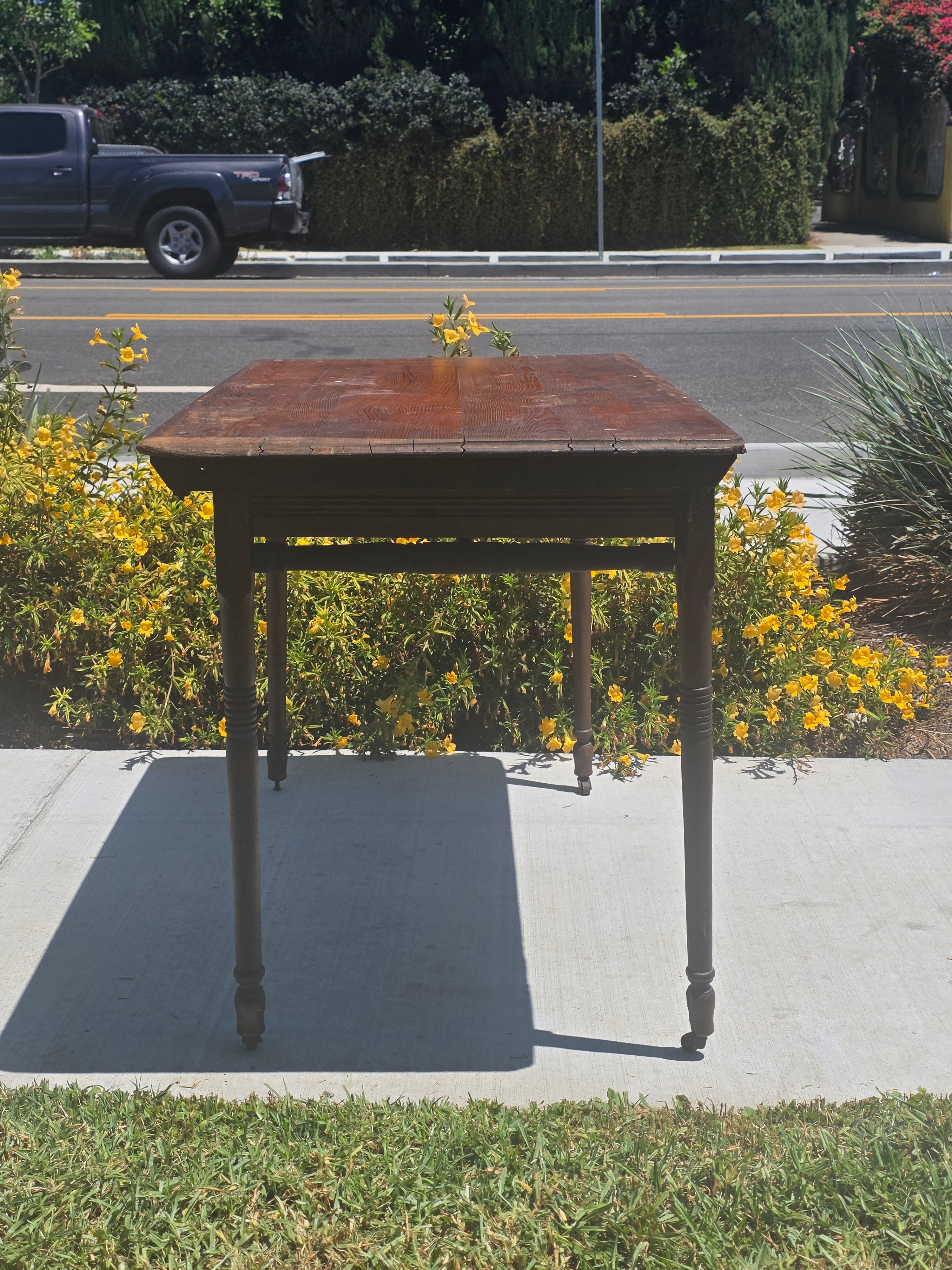 Antique 1800s Primitive Wood Folding Table Turned Legs Brown Farmhouse AS-IS